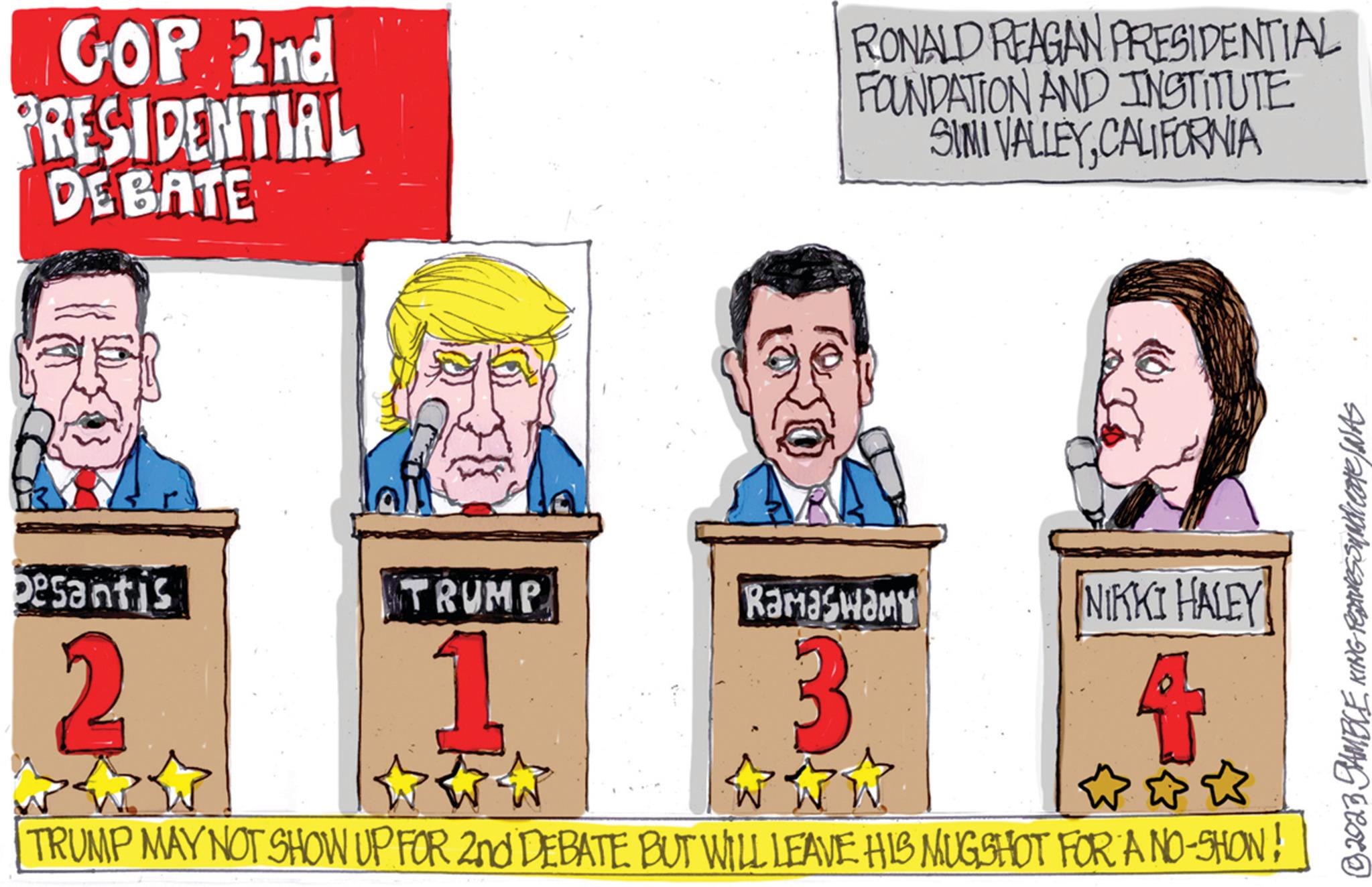 Line OCR: GOP 2nd PRESIDENTIAL DEBATE besantis 2 TRUMP RONALD REAGAN PRESIDENTIAL FOUNDATION AND INSTITUTE SIMI VALLEYCALIFORNIA Ramaswamy NIKKI HALEY 4 ** TRUMP MAY NOT SHOW UP FOR 2nd DEBATE. BUT WILL LEAVE HIS MUGSHOT FOR A NO-SHON ! ?2023 SAMBLE KING Reaves Sundreate / WAS GOP 2nd PRESIDENTIAL DEBATE besantis 2 TRUMP RONALD REAGAN PRESIDENTIAL FOUNDATION AND INSTITUTE SIMI VALLEYCALIFORNIA Ramaswamy NIKKI HALEY 4 ** TRUMP MAY NOT SHOW UP FOR 2nd DEBATE . BUT WILL LEAVE HIS MUGSHOT FOR A NO - SHON ! ?2023 SAMBLE KING Reaves Sundreate / WAS