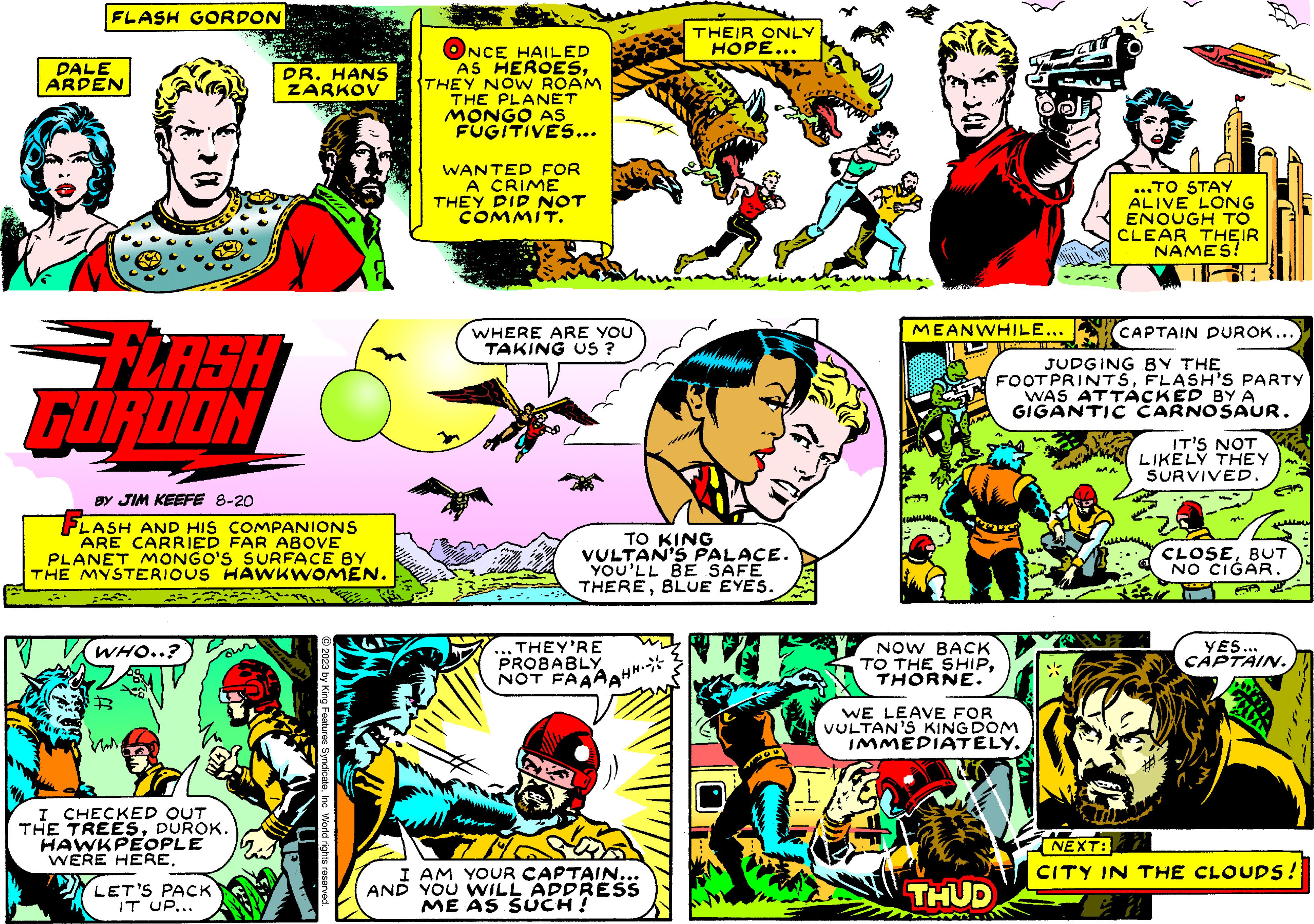 Publication OCR: FLASH GORDON DALE ARDEN =FLASH FORDON BY JIM KEEFE 8-20 LASH AND HIS COMPANIONS ARE CARRIED FAR ABOVE PLANET MONGO'S SURFACE BY THE MYSTERIOUS HAWKWOMEN. WHO..? DR. HANS ZARKOV I CHECKED OUT THE TREESDUROK. HAWKPEOPLE WERE HERE. LET'S PACK IT UP... © 2023 by King Features SyndicateInc. World rights reserved. ONCE HAILED AS HEROESTHEY NOW ROAM THE PLANET MONGO AS FUGITIVES... WANTED FOR A CRIME THEY DID NOT COMMIT. WHERE ARE YOU TAKING US ? ...THEY'RE NOT FAAAAHH THEIR ONLY TO KING VULTAN'S PALACE. YOU'LL BE SAFE THEREBLUE EYES. I AM YOUR CAPTAIN... AND YOU WILL ADDRESS ME AS SUCH! HOPE... 500 MEANWHILE... Bened NOW BACK TO THE SHIPTHORNE. # WE LEAVE FOR VULTAN'S KINGDOM IMMEDIATELY. THUD ...TO STAY ALIVE LONG ENOUGH TO CLEAR THEIR NAMES! JUDGING BY THE FOOTPRINTSFLASH'S PARTY WAS ATTACKED BY A GIGANTIC CARNOSAUR. CAPTAIN DUROK...) MAN IT'S NOT LIKELY THEY SURVIVED. M. wwwm CLOSEBUT NO CIGAR. YES... CAPTAIN. NEXT: CITY IN THE CLOUDS! FLASH GORDON DALE ARDEN = FLASH FORDON BY JIM KEEFE 8-20 LASH AND HIS COMPANIONS ARE CARRIED FAR ABOVE PLANET MONGO'S SURFACE BY THE MYSTERIOUS HAWKWOMEN . WHO .. ? DR . HANS ZARKOV I CHECKED OUT THE TREESDUROK . HAWKPEOPLE WERE HERE . LET'S PACK IT UP ... © 2023 by King Features SyndicateInc. World rights reserved . ONCE HAILED AS HEROESTHEY NOW ROAM THE PLANET MONGO AS FUGITIVES ... WANTED FOR A CRIME THEY DID NOT COMMIT . WHERE ARE YOU TAKING US ? ... THEY'RE NOT FAAAAHH THEIR ONLY TO KING VULTAN'S PALACE . YOU'LL BE SAFE THEREBLUE EYES . I AM YOUR CAPTAIN ... AND YOU WILL ADDRESS ME AS SUCH ! HOPE ... 500 MEANWHILE ... Bened NOW BACK TO THE SHIPTHORNE . # WE LEAVE FOR VULTAN'S KINGDOM IMMEDIATELY . THUD ... TO STAY ALIVE LONG ENOUGH TO CLEAR THEIR NAMES ! JUDGING BY THE FOOTPRINTSFLASH'S PARTY WAS ATTACKED BY A GIGANTIC CARNOSAUR . CAPTAIN DUROK ... ) MAN IT'S NOT LIKELY THEY SURVIVED . M. wwwm CLOSEBUT NO CIGAR . YES ... CAPTAIN . NEXT : CITY IN THE CLOUDS !