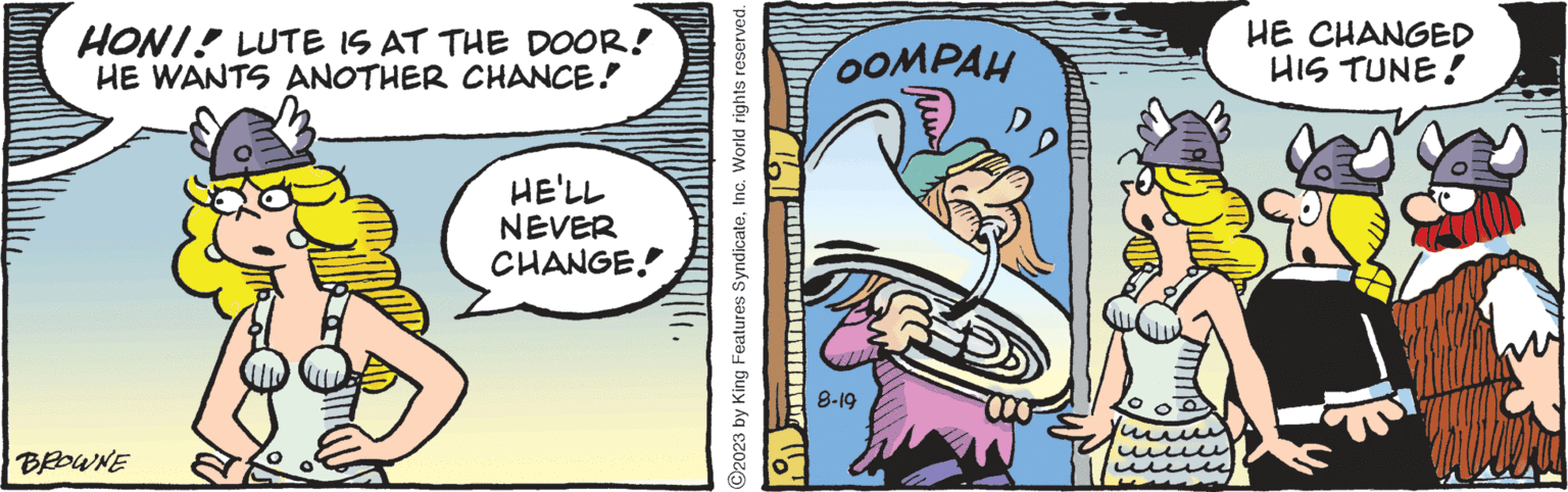 Rectangle OCR: HONI! LUTE IS AT THE DOOR! HE WANTS ANOTHER CHANCE! BROWNE HE'LL NEVER CHANGE. OOMPAH 8-19 HE CHANGED HIS TUNE! HONI ! LUTE IS AT THE DOOR ! HE WANTS ANOTHER CHANCE ! BROWNE HE'LL NEVER CHANGE . OOMPAH 8-19 HE CHANGED HIS TUNE !