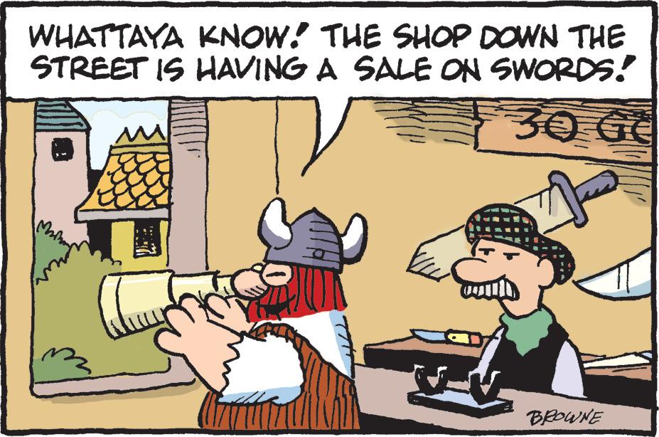 Adaptation OCR: WHATTAYA KNOW! THE SHOP DOWN THE STREET IS HAVING A SALE ON SWORDS!" 30 GC M BROWNE WHATTAYA KNOW ! THE SHOP DOWN THE STREET IS HAVING A SALE ON SWORDS ! " 30 GC M BROWNE
