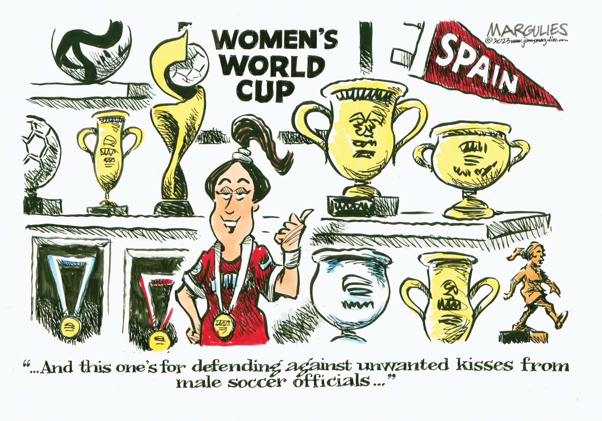 Rectangle OCR: WOMEN'S WORLD CUP MARGULIES @2023 www.jimmymarzdies.com SPAIN ANW Vridos "...And this one's for defending against unwanted kisses from male soccer officials... WOMEN'S WORLD CUP MARGULIES @ 2023 www.jimmymarzdies.com SPAIN ANW Vridos " ... And this one's for defending against unwanted kisses from male soccer officials ...