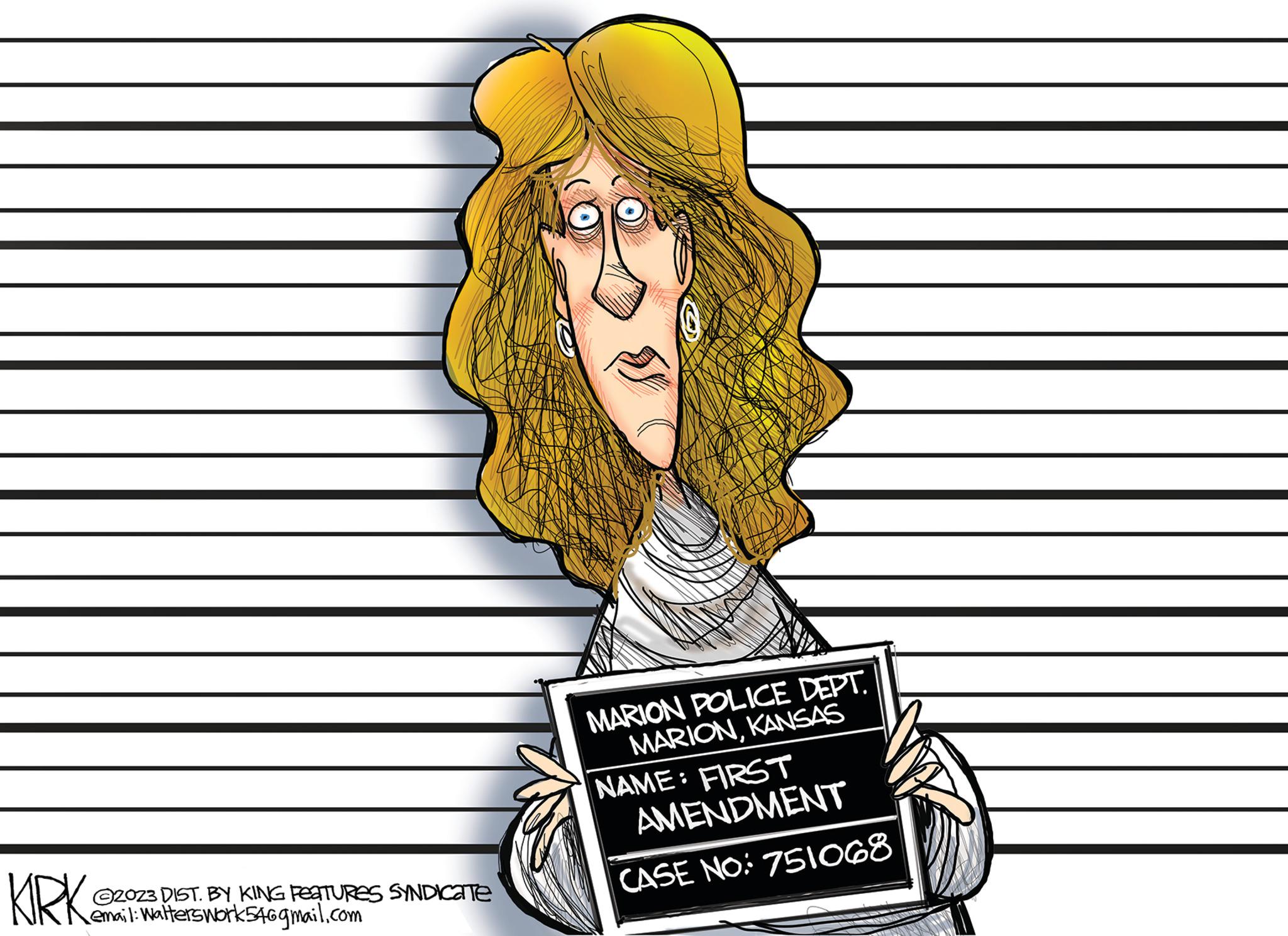 Drawing OCR: KIRK 2023 DIST. BY KING FEATURES SYNDICATE email: Walters work 546gmail.com MARION POLICE DEPT. MARIONKANSAS NAME: FIRST AMENDMENT CASE NO: 751068 KIRK 2023 DIST . BY KING FEATURES SYNDICATE email : Walters work 546gmail.com MARION POLICE DEPT . MARIONKANSAS NAME : FIRST AMENDMENT CASE NO : 751068