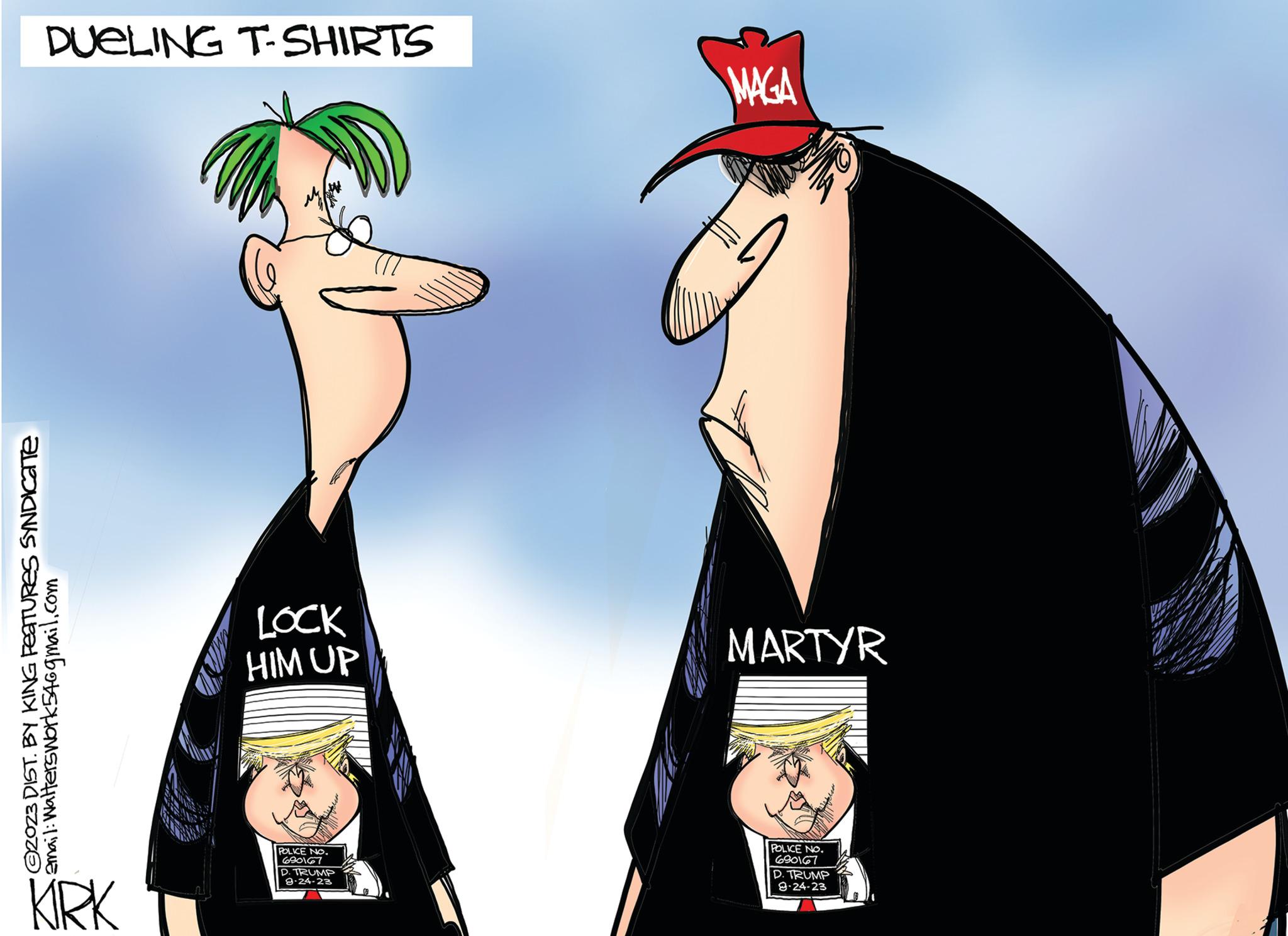 Illustration OCR: 2023 DIST. BY KING FEATURES SYNDICATE email: Walterswork546gmail.com DUELING T-SHIRTS MAGA LOCK HIM UP MARTYR KIRK POLICE NO. 680167 D. TRUMP 9.24-23 POLICE NO. 630167 D. TRUMP 9-24-23 2023 DIST . BY KING FEATURES SYNDICATE email : Walterswork546gmail.com DUELING T - SHIRTS MAGA LOCK HIM UP MARTYR KIRK POLICE NO . 680167 D. TRUMP 9.24-23 POLICE NO . 630167 D. TRUMP 9-24-23