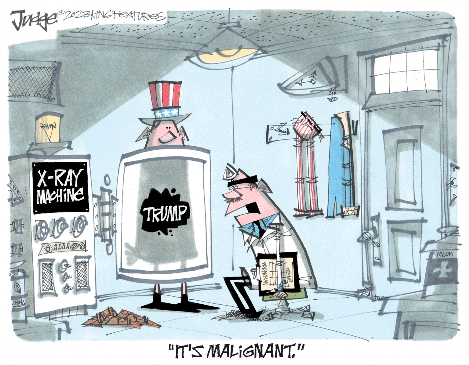 Glass bottle OCR: Judger © 2023 KING FEATURES 20 0 11 www. Some X-RAY MACHINE DOD ALLA@O [S TRUMP 2.- www. "IT'S MALIGNANT." mmm + Judger © 2023 KING FEATURES 20 0 11 www . Some X - RAY MACHINE DOD ALLA @ O [ S TRUMP 2. www . " IT'S MALIGNANT . " mmm +