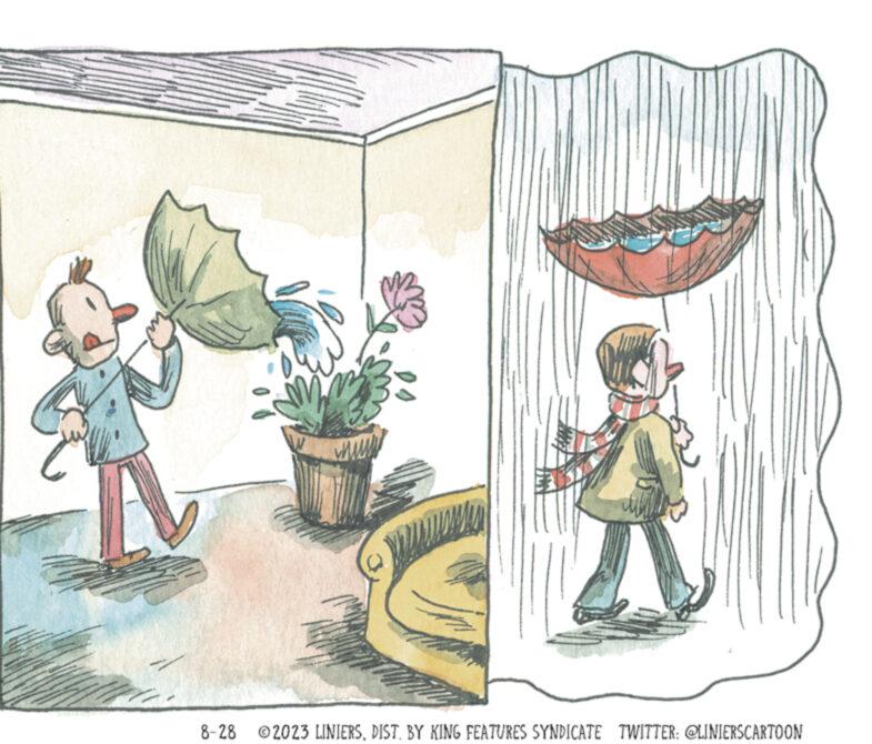 Painting OCR: ? DO 8-28 2023 LINIERSDIST. BY KING FEATURES SYNDICATE TWITTER: @LINIERSCARTOON ? DO 8-28 2023 LINIERSDIST . BY KING FEATURES SYNDICATE TWITTER : @LINIERSCARTOON