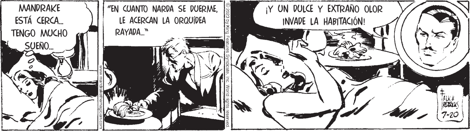 Comic book OCR: MANDRAKE ESTÁ CERCA... TENGO MUCHO SUEÑO... www.mandrakethemagician.com "EN CUANTO NARDA SE DUERMELE ACERCAN LA ORQUÍDEA RAYADA..." © 2023 by King Features SyndicateInc. World rights reserved. ¡Y UN DULCE Y EXTRAÑO OLOR INVADE LA HABITACIÓN! TALK 8 7-20 MANDRAKE ESTÁ CERCA ... TENGO MUCHO SUEÑO ... www.mandrakethemagician.com " EN CUANTO NARDA SE DUERMELE ACERCAN LA ORQUÍDEA RAYADA ... " © 2023 by King Features SyndicateInc. World rights reserved . ¡ Y UN DULCE Y EXTRAÑO OLOR INVADE LA HABITACIÓN ! TALK 8 7-20