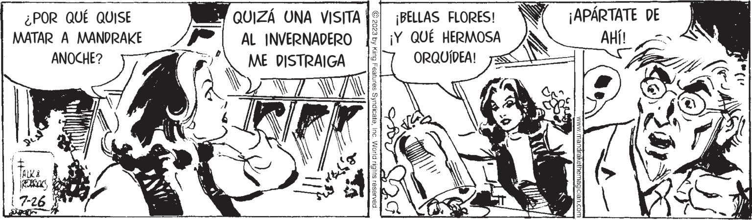 Parallel OCR: ¿POR QUÉ QUISE MATAR A MANDRAKE ANOCHE? TALK & 7-26 QUIZÁ UNA VISITA AL INVERNADERO ME DISTRAIGA HALS © 2023 by King Features SyndicateInc. World rights reserved. ¡BELLAS FLORES! ¡Y QUÉ HERMOSA ORQUÍDEA! ¡APÁRTATE DE AHÍ! www.mandrakethemagician.com ¿ POR QUÉ QUISE MATAR A MANDRAKE ANOCHE ? TALK & 7-26 QUIZÁ UNA VISITA AL INVERNADERO ME DISTRAIGA HALS © 2023 by King Features SyndicateInc. World rights reserved . ¡ BELLAS FLORES ! ¡ Y QUÉ HERMOSA ORQUÍDEA ! ¡ APÁRTATE DE AHÍ ! www.mandrakethemagician.com