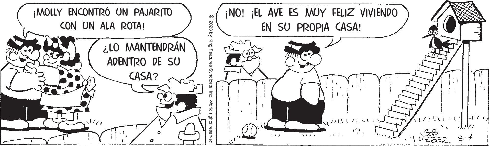 Gesture OCR: ¡MOLLY ENCONTRÓ UN PAJARITO CON UN ALA ROTA! ¿LO MANTENDRÁN ADENTRO DE SU CASA? J © 2023 by King Features SyndicateInc. World rights reserved. ¡NO! ¡EL AVE ES MUY FELIZ VIVIENDO EN SU PROPIA CASA! MELL ." WEBER 8-4 ¡ MOLLY ENCONTRÓ UN PAJARITO CON UN ALA ROTA ! ¿ LO MANTENDRÁN ADENTRO DE SU CASA ? J © 2023 by King Features SyndicateInc. World rights reserved . ¡ NO ! ¡ EL AVE ES MUY FELIZ VIVIENDO EN SU PROPIA CASA ! MELL . " WEBER 8-4