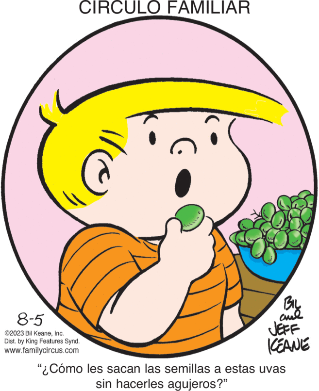 Thumb OCR: CIRCULO FAMILIAR 8-5 ©2023 Bil KeaneInc. Dist. by King Features Synd. www.familycircus.com Biy chil JEFF KCEANE "¿Cómo les sacan las semillas a estas uvas sin hacerles agujeros?" CIRCULO FAMILIAR 8-5 © 2023 Bil KeaneInc. Dist . by King Features Synd . www.familycircus.com Biy chil JEFF KCEANE " ¿ Cómo les sacan las semillas a estas uvas sin hacerles agujeros ? "