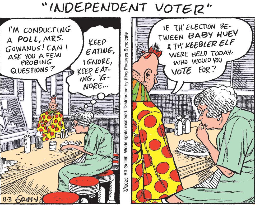 Interaction OCR: I'M CONDUCTING A POLLMRS. GOWANUS! CAN I ASK YOU A FEW PROBING QUESTIONS? 22 wsp "INDEPENDENT VOTER" 8.3 GRIFFY KEEP EATINGKEEP EAT- INGIG- NORE... - DOBESE ?2023 Bill Griffith. World rights reserved. Distributed by King Features Syndicate IF TH'ELECTION BE- TWEEN BABY HUEY & TH' KEEBLER ELF WERE HELD TODAYWHO WOULD YOU VOTE FOR? in I'M CONDUCTING A POLLMRS . GOWANUS ! CAN I ASK YOU A FEW PROBING QUESTIONS ? 22 wsp " INDEPENDENT VOTER " 8.3 GRIFFY KEEP EATINGKEEP EAT INGIG NORE ... - DOBESE ?2023 Bill Griffith . World rights reserved . Distributed by King Features Syndicate IF TH'ELECTION BE TWEEN BABY HUEY & TH ' KEEBLER ELF WERE HELD TODAYWHO WOULD YOU VOTE FOR ? in
