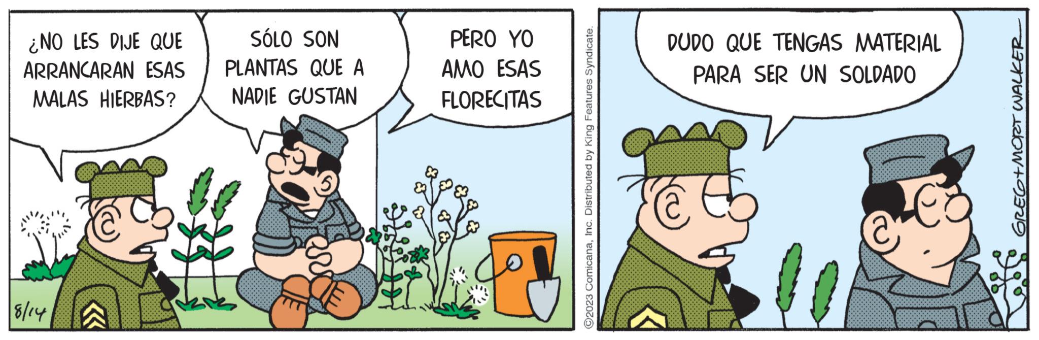 Internet meme OCR: ¿NO LES DIJE QUE ARRANCARAN ESAS MALAS HIERBAS? 8/14 SÓLO SON PLANTAS QUE A NADIE GUSTAN PERO YO AMO ESAS FLORECITAS ?2023 ComicanaInc. Distributed by King Features Syndicate. DUDO QUE TENGAS MATERIAL PARA SER UN SOLDADO GREG+MORT WALKER ¿ NO LES DIJE QUE ARRANCARAN ESAS MALAS HIERBAS ? 8/14 SÓLO SON PLANTAS QUE A NADIE GUSTAN PERO YO AMO ESAS FLORECITAS ?2023 ComicanaInc. Distributed by King Features Syndicate . DUDO QUE TENGAS MATERIAL PARA SER UN SOLDADO GREG + MORT WALKER