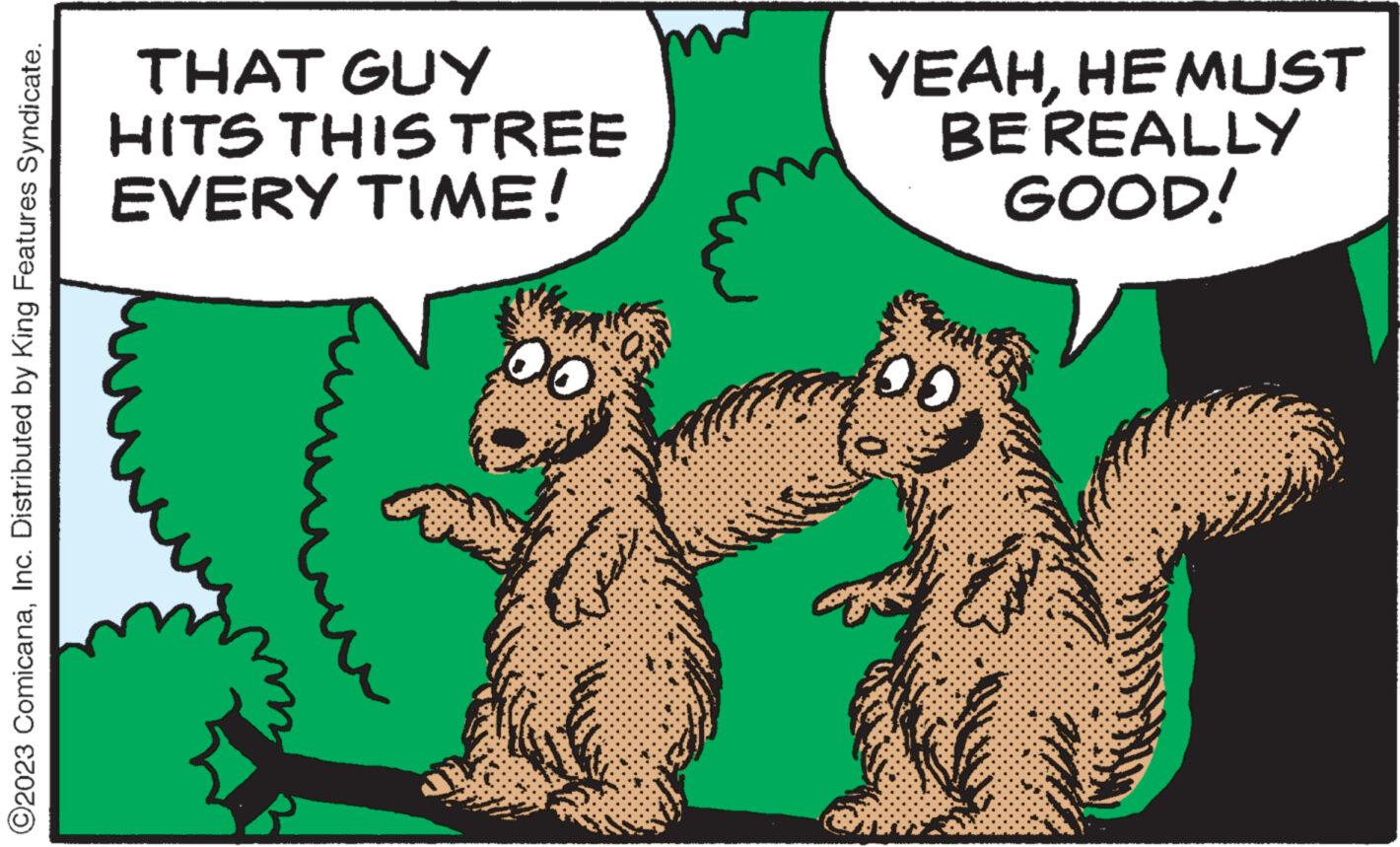 Adaptation OCR: ?2023 ComicanaInc. Distributed by King Features Syndicate. THAT GUY HITS THIS TREE EVERY TIME! 00 YEAHHE MUST BE REALLY GOOD! 00 3 ?2023 ComicanaInc. Distributed by King Features Syndicate . THAT GUY HITS THIS TREE EVERY TIME ! 00 YEAHHE MUST BE REALLY GOOD ! 00 3