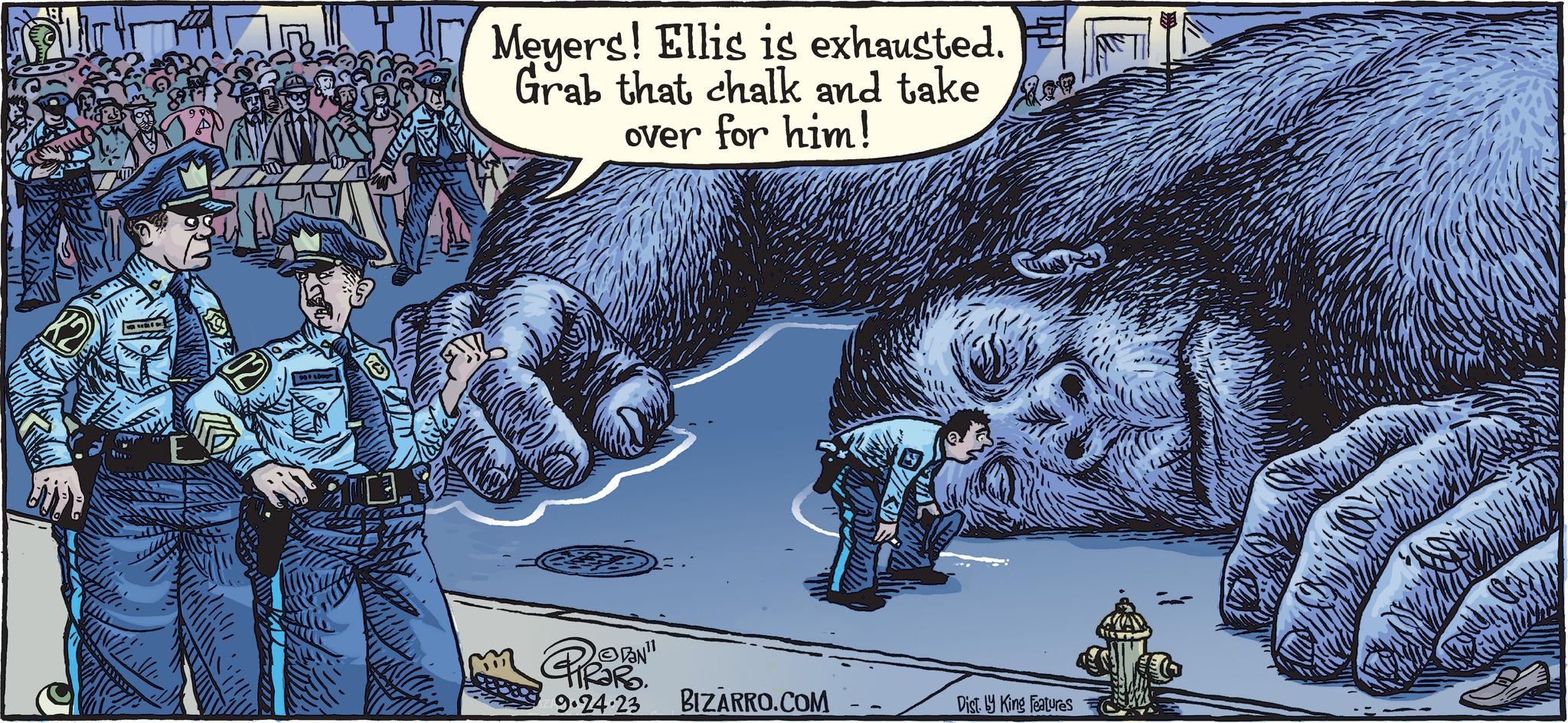 Comics OCR: 3 Meyers! Ellis is exhausted. Grab that chalk and take over for him! ?ON" 9.24.23 BIZARRO.COM Dist by King Features Damals! 3 Meyers ! Ellis is exhausted . Grab that chalk and take over for him ! ?ON " 9.24.23 BIZARRO.COM Dist by King Features Damals !