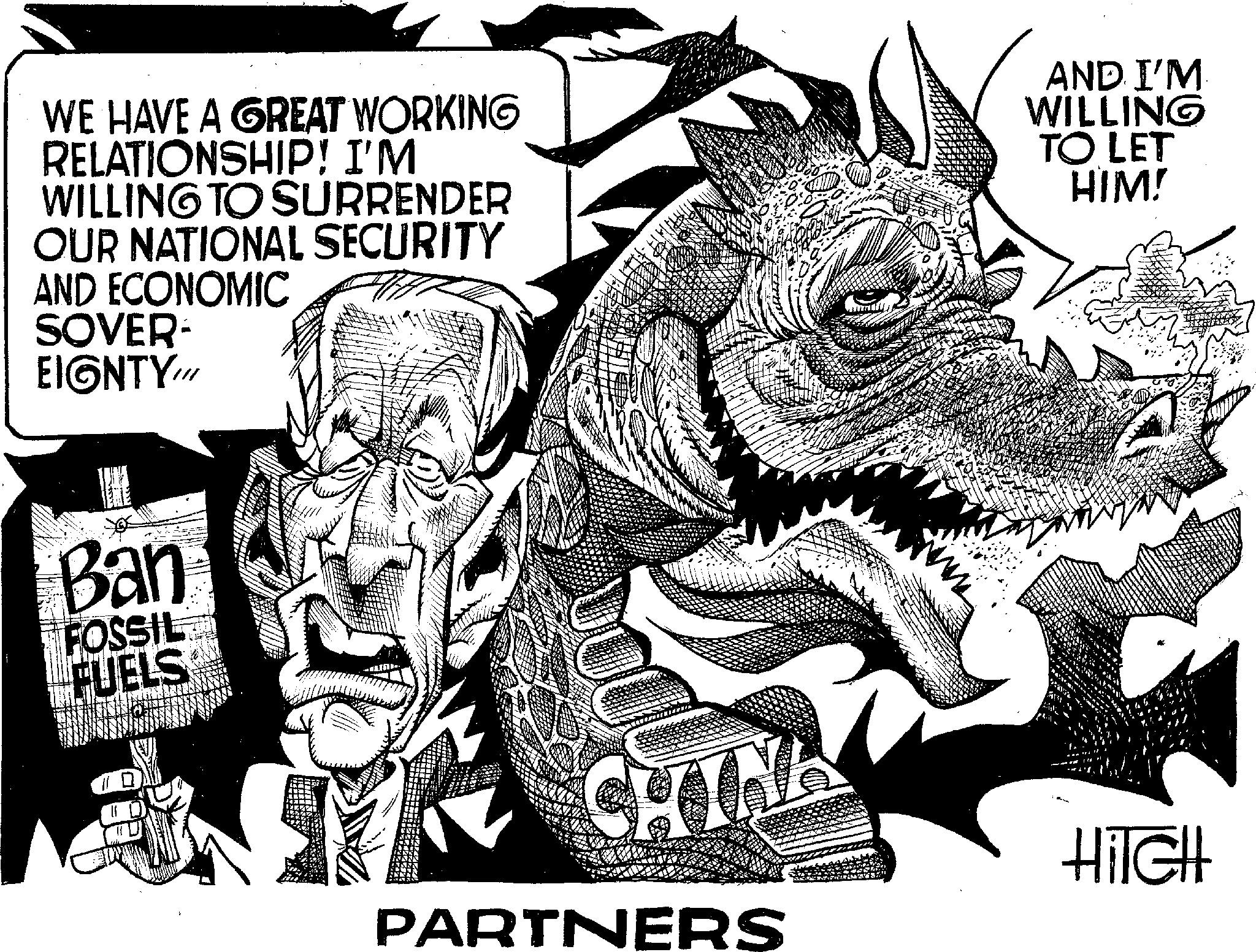 Monochrome OCR: WE HAVE A GREAT WORKING RELATIONSHIP! I'M WILLING TO SURRENDER OUR NATIONAL SECURITY AND ECONOMIC SOVER- EIGNTY !!! Ban FOSSIL FUELS DISININ G M CHINE PARTNERS AND I'M WILLING TO LET HIM! HilGH WE HAVE A GREAT WORKING RELATIONSHIP ! I'M WILLING TO SURRENDER OUR NATIONAL SECURITY AND ECONOMIC SOVER EIGNTY !!! Ban FOSSIL FUELS DISININ G M CHINE PARTNERS AND I'M WILLING TO LET HIM ! HilGH