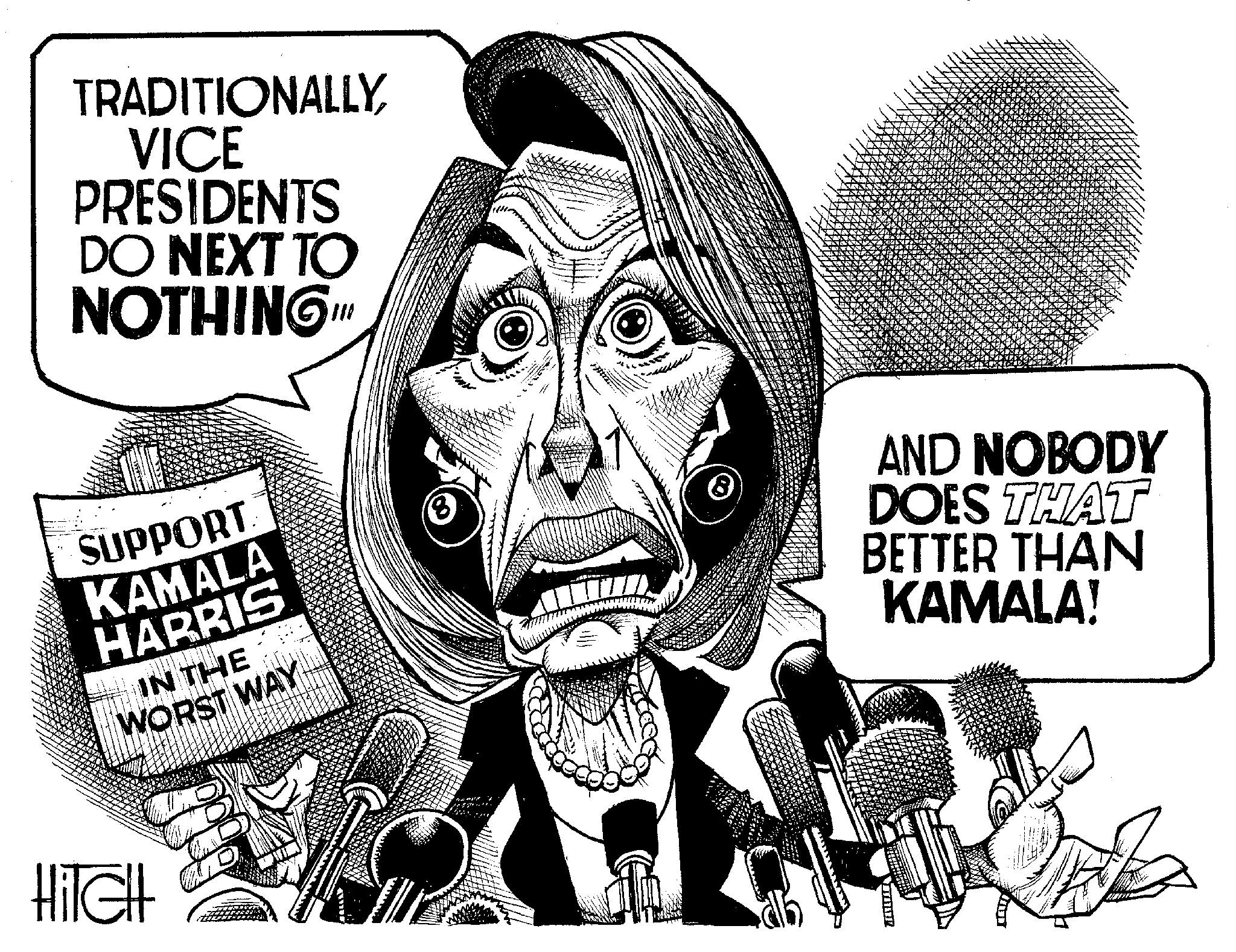 Line art OCR: TRADITIONALLYVICE PRESIDENTS DO NEXT TO NOTHING SUPPORT KAMALA HARRIS IN THE WORST WAY HiTGH wwwma AND NOBODY DOES THAT BETTER THAN KAMALA! TITLE TRADITIONALLYVICE PRESIDENTS DO NEXT TO NOTHING SUPPORT KAMALA HARRIS IN THE WORST WAY HiTGH wwwma AND NOBODY DOES THAT BETTER THAN KAMALA ! TITLE