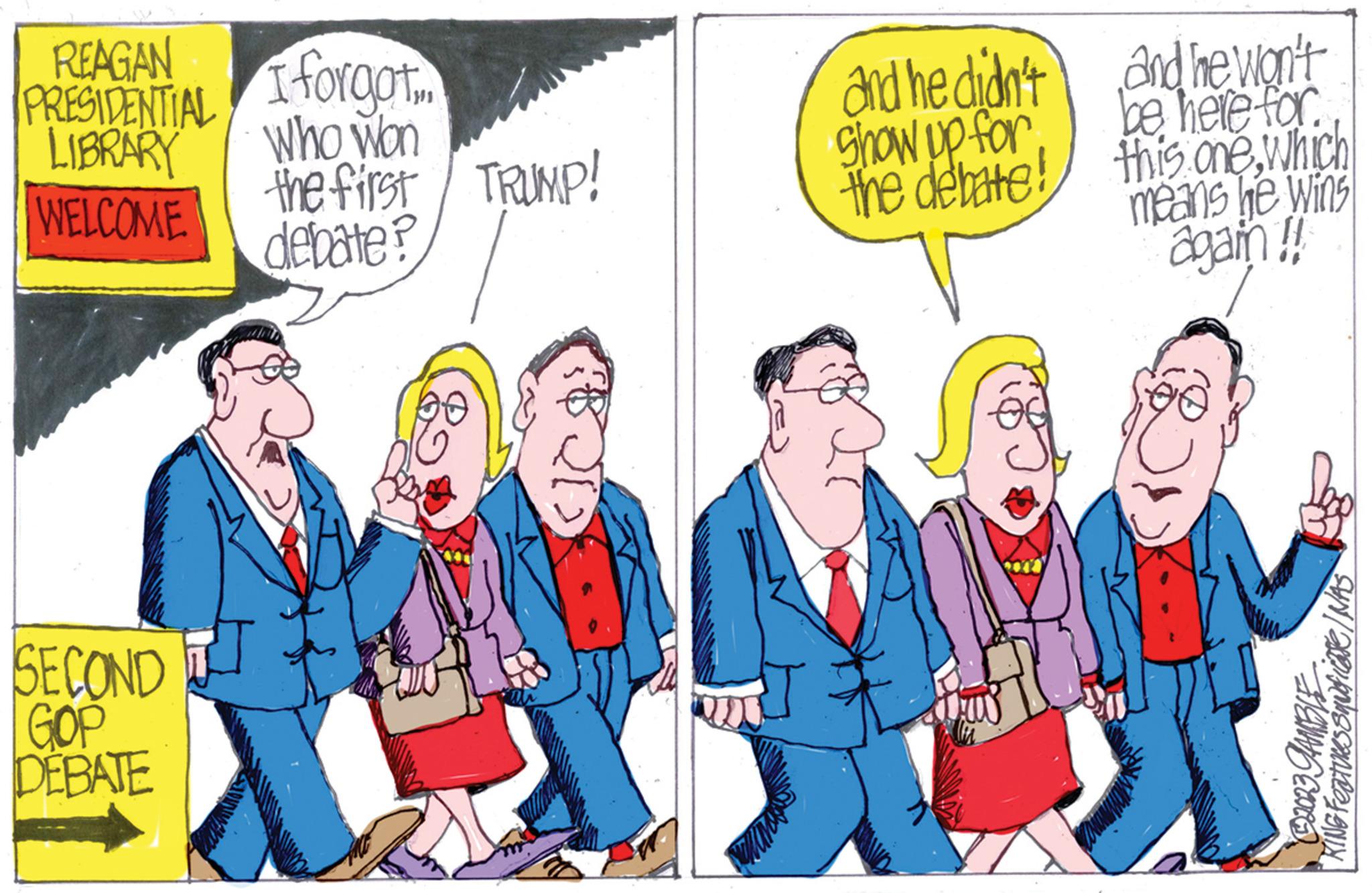 Art OCR: REAGAN PRESIDENTIAL LIBRARY WELCOME SECOND GOP DEBATE I forgot Who Won the first/ TRUMP! debate? and he didn't Show up for the debate! Cas and he won't be here for this onewhich means he wins again!! KING Features squficare / NAS SIEMANG ECOCED REAGAN PRESIDENTIAL LIBRARY WELCOME SECOND GOP DEBATE I forgot Who Won the first / TRUMP ! debate ? and he didn't Show up for the debate ! Cas and he won't be here for this onewhich means he wins again !! KING Features squficare / NAS SIEMANG ECOCED