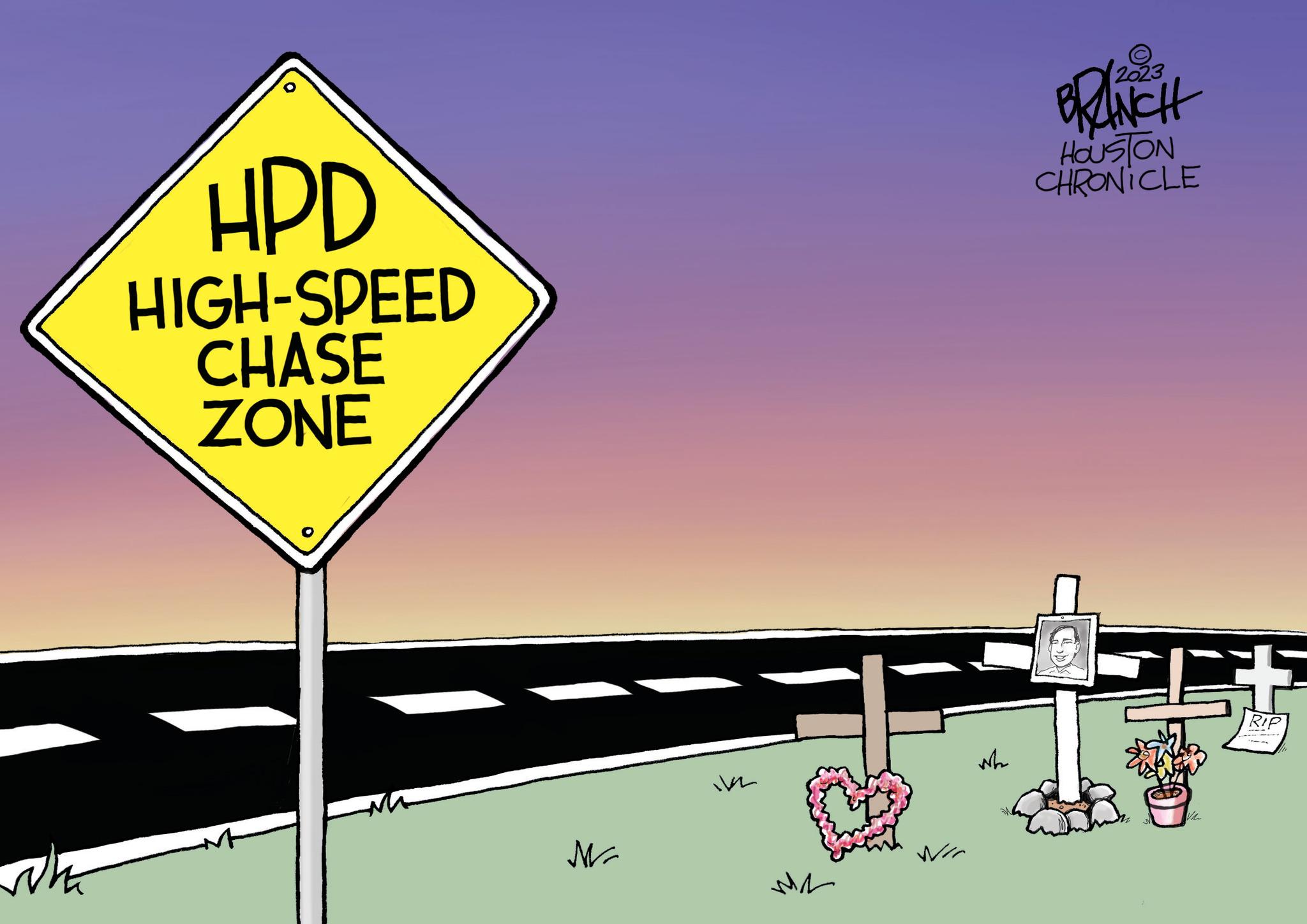 Signage OCR: Wha HPD HIGH-SPEED CHASE ZONE Ma 162 MN wh BRANCH HOUSTON CHRONICLE V F RIP Wha HPD HIGH - SPEED CHASE ZONE Ma 162 MN wh BRANCH HOUSTON CHRONICLE V F RIP
