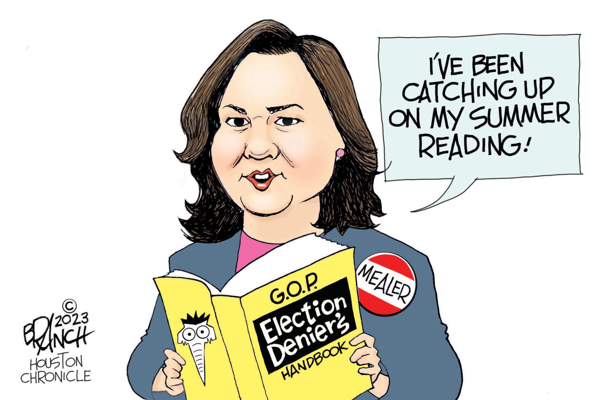 Illustration OCR: ? 2023 BRANCH HOUSTON CHRONICLE G.O.P. Election Deniers HANDBOOK I'VE BEEN CATCHING UP ON MY SUMMER READING! MEALER ? 2023 BRANCH HOUSTON CHRONICLE G.O.P. Election Deniers HANDBOOK I'VE BEEN CATCHING UP ON MY SUMMER READING ! MEALER