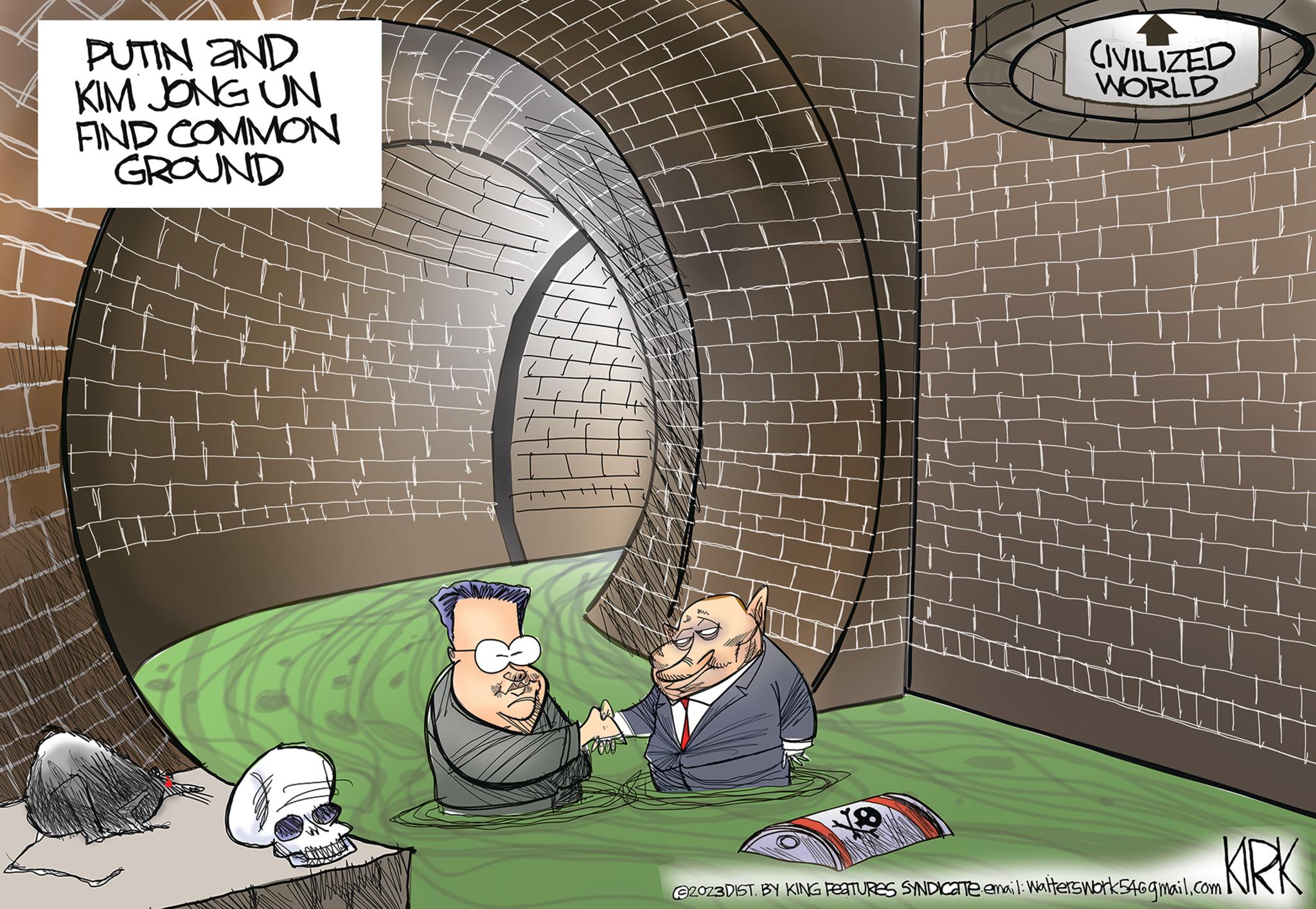 Animation OCR: METH BANY PUTIN AND KIM JONG UN FIND COMMON GROUND CIVILIZED WORLD ?2023DIST. BY KING FEATURES SYNDICATE email: walterswork546gmail.com KIRK METH BANY PUTIN AND KIM JONG UN FIND COMMON GROUND CIVILIZED WORLD ?2023DIST . BY KING FEATURES SYNDICATE email : walterswork546gmail.com KIRK