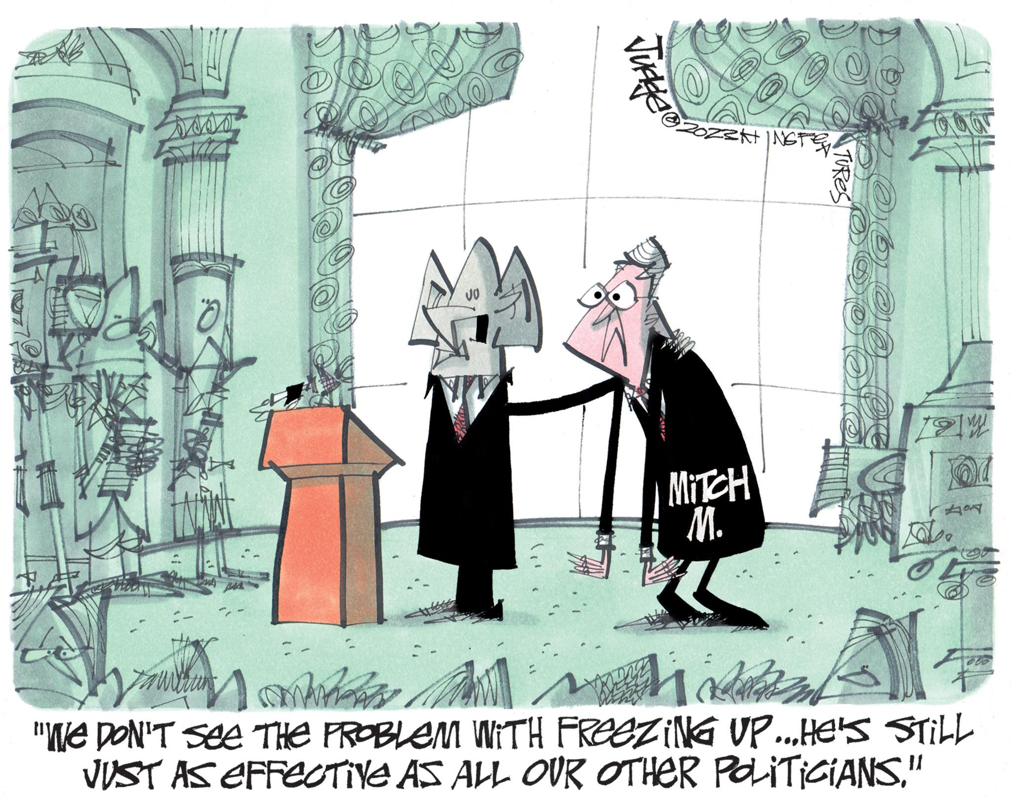 Parallel OCR: 1# soso =- Tawerun VO Jucke ZOZEHINGTEN. MITCH M. O 48 Ly h M i Men "We DON'T See THE PROBLEM WITH FReeziNG UP...HE'S STILL JUST AS EFFECTIVE AS ALL OUR OTHER POLITICIANS." 1 # soso = Tawerun VO Jucke ZOZEHINGTEN . MITCH M. O 48 Ly h M i Men " We DON'T See THE PROBLEM WITH FReeziNG UP ... HE'S STILL JUST AS EFFECTIVE AS ALL OUR OTHER POLITICIANS . "