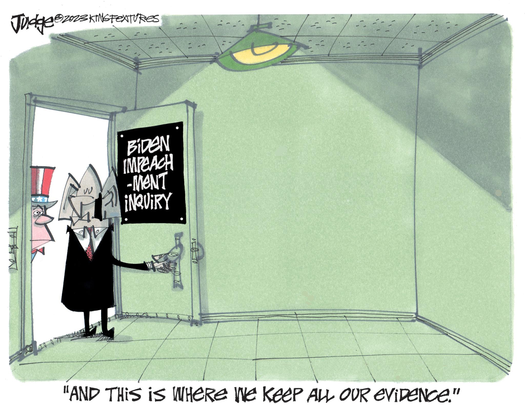 Diagram OCR: Judge ?202EKING FEATURES O BIDEN IMPEACH -MENT INQUIRY "AND THIS IS WHERE We KeeP ALL OUR EVIDENCE." Judge ?202EKING FEATURES O BIDEN IMPEACH -MENT INQUIRY " AND THIS IS WHERE We KeeP ALL OUR EVIDENCE . "