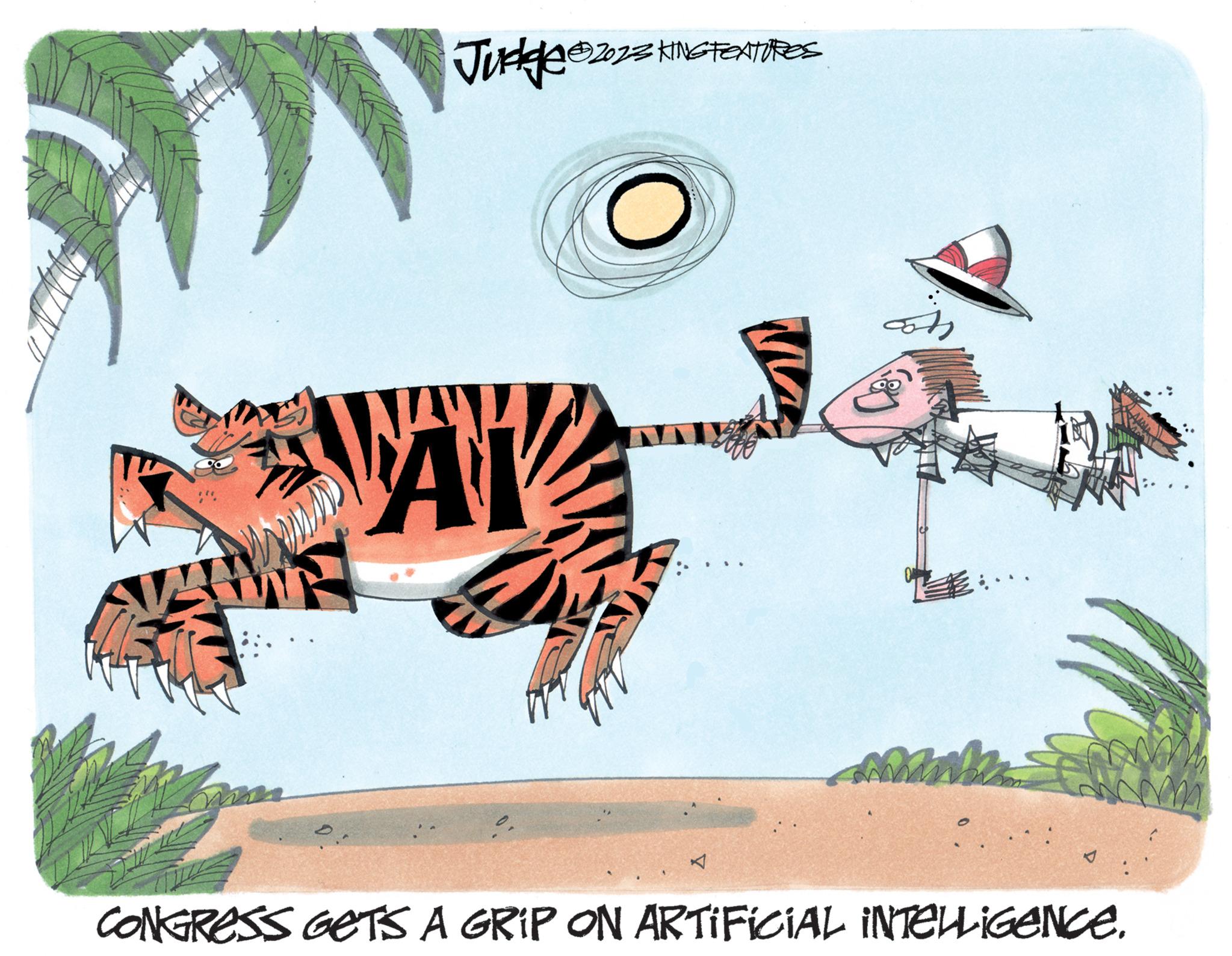 Illustration OCR: Py Jurge=2023 AV 8. 1?2023 KING FEATURES .. ots TEE.. O CONGRESS GETS A GRIP ON ARTIFICIAL INTELLIGENCE. Py Jurge = 2023 AV 8 . 1?2023 KING FEATURES .. ots TEE .. O CONGRESS GETS A GRIP ON ARTIFICIAL INTELLIGENCE .