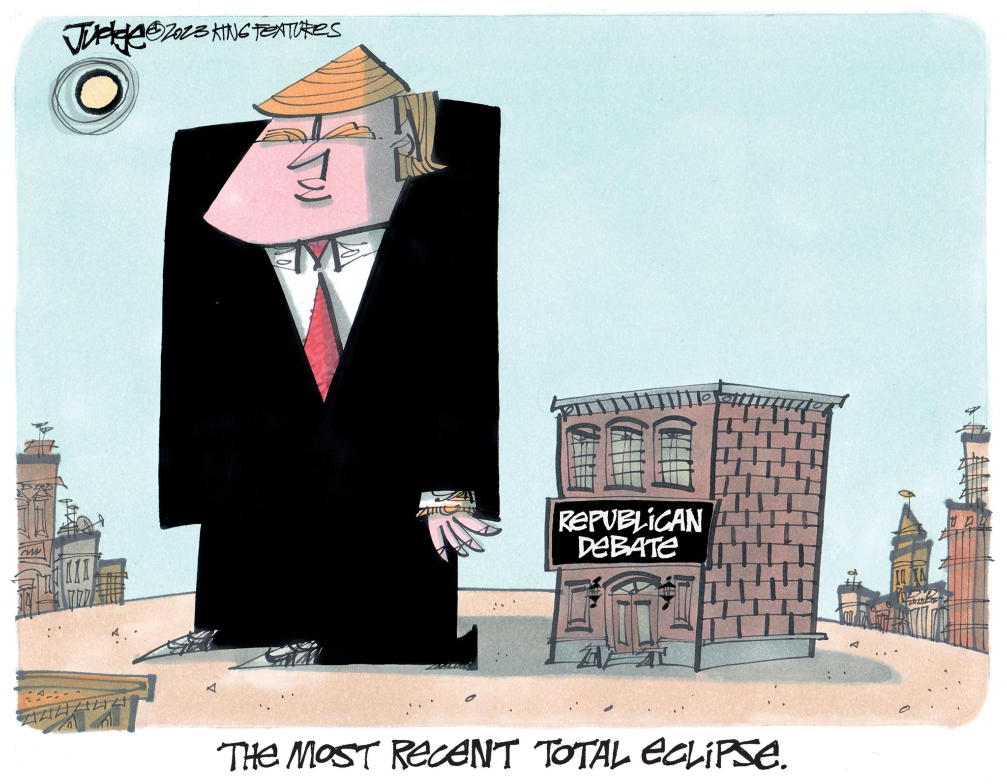 Illustration OCR: M Judda 2023 KING FEATURES 44444 REPUBLICAN DEBATE THE MOST RECENT TOTAL ECLIPSE. O A AD M Judda 2023 KING FEATURES 44444 REPUBLICAN DEBATE THE MOST RECENT TOTAL ECLIPSE . O A AD