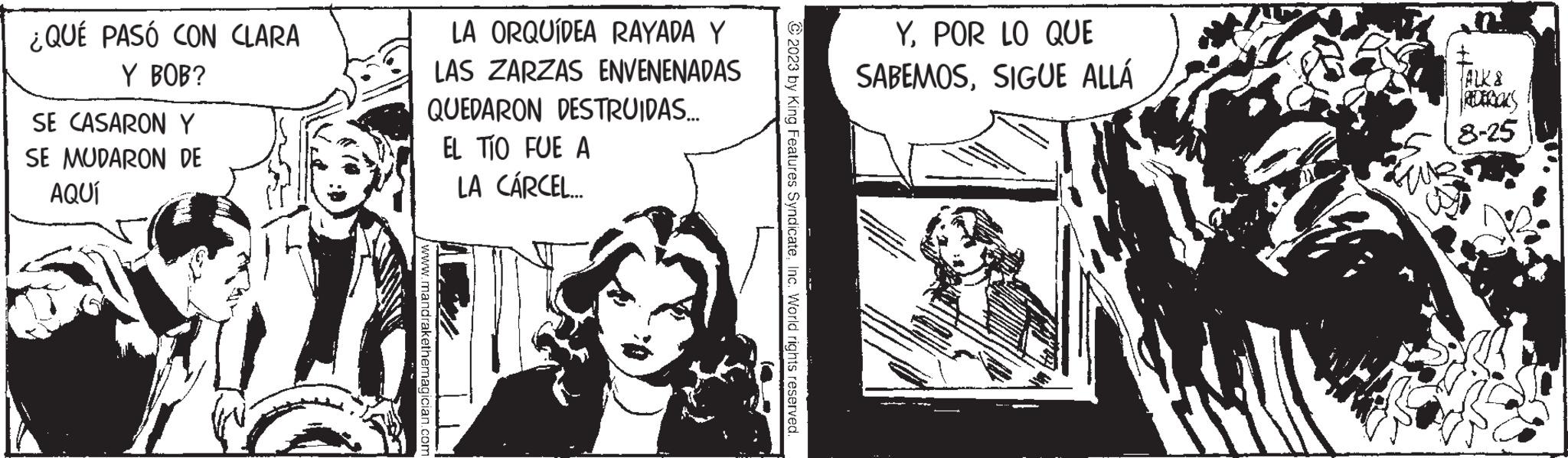 Comic book OCR: ¿QUÉ PASÓ CON CLARA Y BOB? SE CASARON Y SE MUDARON DE AQUÍ LA ORQUÍDEA RAYADA Y LAS ZARZAS ENVENENADAS QUEDARON DESTRUIDAS... EL TÍO FUE A LA CÁRCEL.... www.mandrakethemagician.comn © 2023 by King Features SyndicateInc. World rights reserved. YPOR LO QUE SABEMOSSIGUE ALLÁ ALK & 8-25 ¿ QUÉ PASÓ CON CLARA Y BOB ? SE CASARON Y SE MUDARON DE AQUÍ LA ORQUÍDEA RAYADA Y LAS ZARZAS ENVENENADAS QUEDARON DESTRUIDAS ... EL TÍO FUE A LA CÁRCEL .... www.mandrakethemagician.comn © 2023 by King Features SyndicateInc. World rights reserved . YPOR LO QUE SABEMOSSIGUE ALLÁ ALK & 8-25