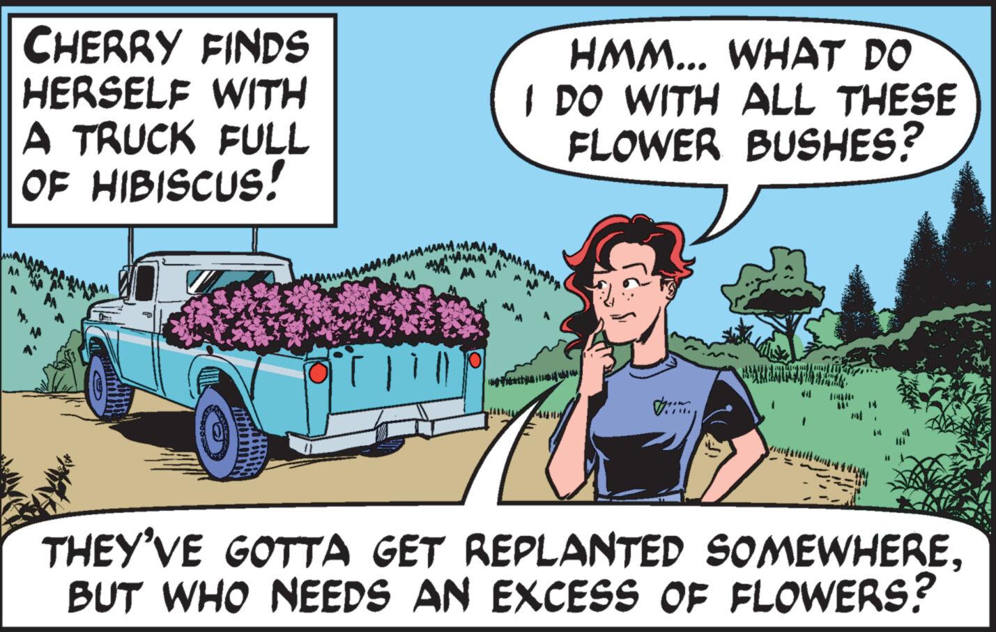 Comic book OCR: CHERRY FINDS HERSELF WITH A TRUCK FULL OF HIBISCUS! FO il MAMAMA MAA HMM... WHAT DO I DO WITH ALL THESE FLOWER BUSHES? MAAHANTE MXMRALEN AN THEY'VE GOTTA GET REPLANTED SOMEWHEREBUT WHO NEEDS AN EXCESS OF FLOWERS? CHERRY FINDS HERSELF WITH A TRUCK FULL OF HIBISCUS ! FO il MAMAMA MAA HMM ... WHAT DO I DO WITH ALL THESE FLOWER BUSHES ? MAAHANTE MXMRALEN AN THEY'VE GOTTA GET REPLANTED SOMEWHEREBUT WHO NEEDS AN EXCESS OF FLOWERS ?