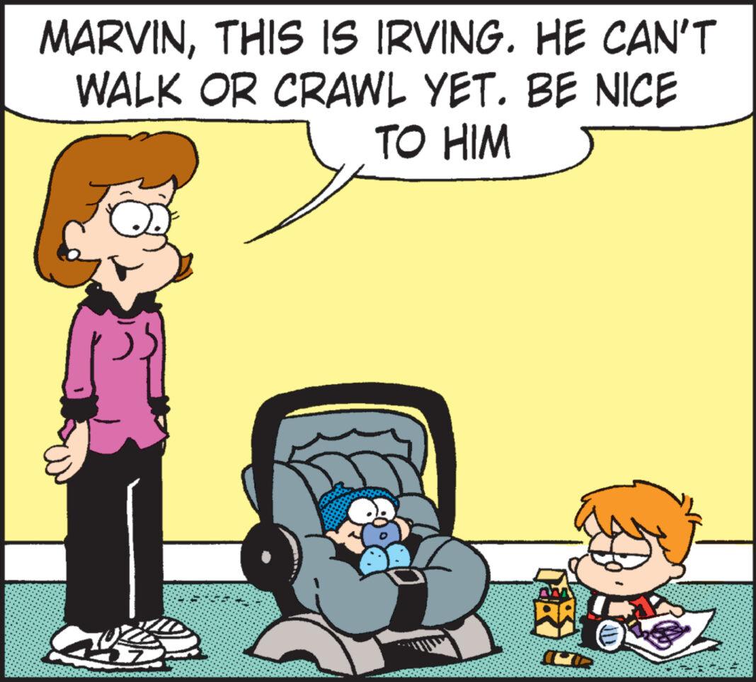 Line OCR: MARVINTHIS IS IRVING. HE CAN'T WALK OR CRAWL YET. BE NICE TO HIM (U MARVINTHIS IS IRVING . HE CAN'T WALK OR CRAWL YET . BE NICE TO HIM ( U