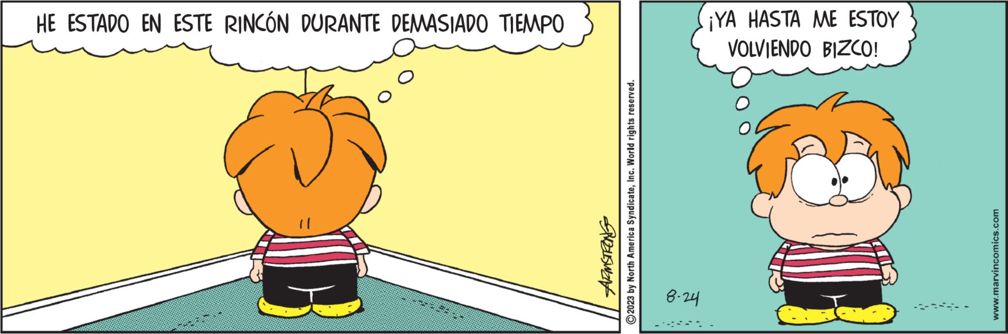 Fruit OCR: HE ESTADO EN ESTE RINCÓN DURANTE DEMASIADO TIEMPO PREUSWING ?2023 by North America SyndicateInc. World rights reserved. 8.24 ¡YA HASTA ME ESTOY VOLVIENDO BIZCO! www.marvincomics.com HE ESTADO EN ESTE RINCÓN DURANTE DEMASIADO TIEMPO PREUSWING ?2023 by North America SyndicateInc. World rights reserved . 8.24 ¡ YA HASTA ME ESTOY VOLVIENDO BIZCO ! www.marvincomics.com