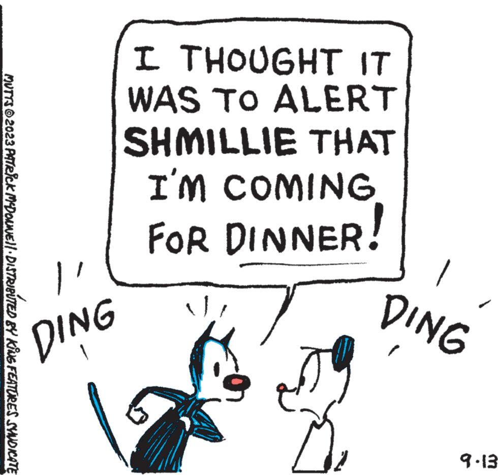 Illustration OCR: MUTTS © 2023 PATRICK MCDONNE!|· DISTRIBUTED BY KING FEATURES SYNDICATE DING I THOUGHT IT WAS TO ALERT SHMILLIE THAT I'M COMING FOR DINNER! DING 9.13 MUTTS © 2023 PATRICK MCDONNE ! | · DISTRIBUTED BY KING FEATURES SYNDICATE DING I THOUGHT IT WAS TO ALERT SHMILLIE THAT I'M COMING FOR DINNER ! DING 9.13