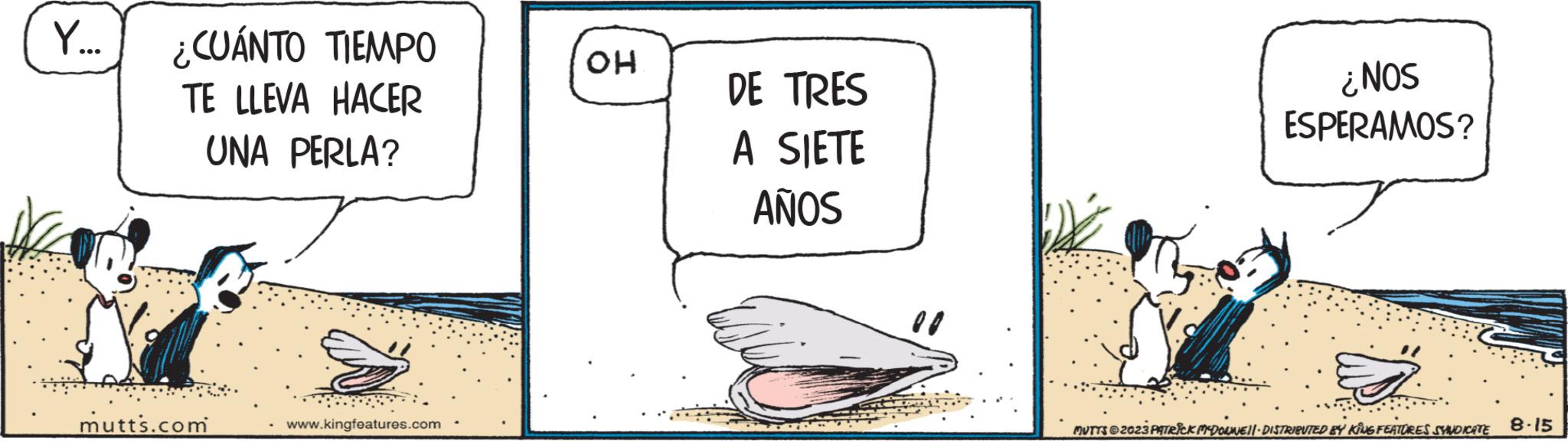 Drawing OCR: Y... ¿CUÁNTO TIEMPO TE LLEVA HACER UNA PERLA? mutts.com www.kingfeatures.com OH DE TRES A SIETE AÑOS ¿NOS ESPERAMOS? MUTTS?2023 PATRICK MCDONNE!|· DISTRIBUTED BY KINS FEATURES SYNDICATE 8.15 Y ... ¿ CUÁNTO TIEMPO TE LLEVA HACER UNA PERLA ? mutts.com www.kingfeatures.com OH DE TRES A SIETE AÑOS ¿ NOS ESPERAMOS ? MUTTS?2023 PATRICK MCDONNE ! | · DISTRIBUTED BY KINS FEATURES SYNDICATE 8.15