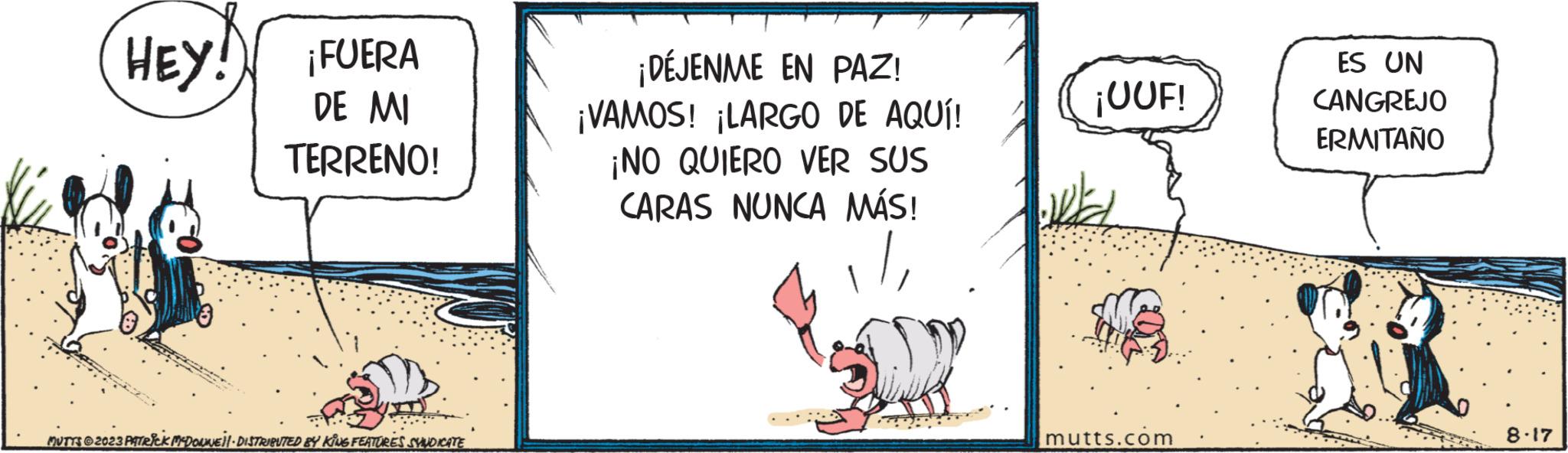 Illustration OCR: HEY! ¡FUERA DE MI TERRENO! MUTTS © 2023 PATRICK MCDOUANE ||- DISTRIBUTED BY KING FEATURES SYNDICATE ¡DÉJENME EN PAZ! ¡VAMOS! ¡LARGO DE AQUÍ! ¡NO QUIERO VER SUS CARAS NUNCA MÁS! ¡OUF! mutts.com ES UN CANGREJO ERMITANO 8.17 HEY ! ¡ FUERA DE MI TERRENO ! MUTTS © 2023 PATRICK MCDOUANE || - DISTRIBUTED BY KING FEATURES SYNDICATE ¡ DÉJENME EN PAZ ! ¡ VAMOS ! ¡ LARGO DE AQUÍ ! ¡ NO QUIERO VER SUS CARAS NUNCA MÁS ! ¡ OUF ! mutts.com ES UN CANGREJO ERMITANO 8.17