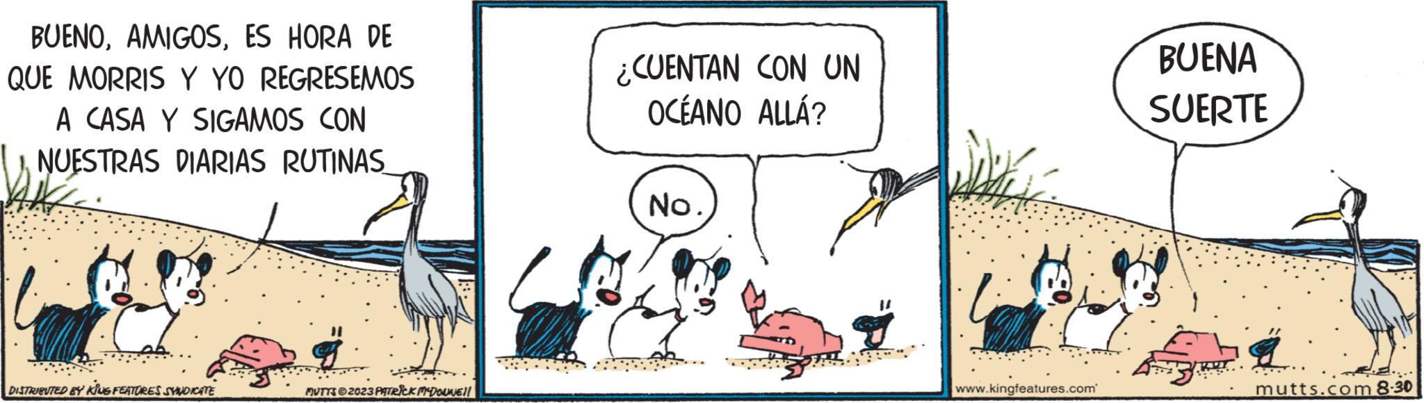 Parallel OCR: BUENOES HORA DE QUE MORRIS Y YO REGRESEMOS A CASA Y SIGAMOS CON NUESTRAS DIARIAS RUTINAS Vak DISTRIBUTED BY KING FEATURES SYNDICATE MUTTS?2023 PATRICK MCDONNE!! ¿CUENTAN CON UN OCÉANO ALLÁ? No. www.kingfeatures.com BUENA SUERTE mutts.com 8.30 BUENOES HORA DE QUE MORRIS Y YO REGRESEMOS A CASA Y SIGAMOS CON NUESTRAS DIARIAS RUTINAS Vak DISTRIBUTED BY KING FEATURES SYNDICATE MUTTS?2023 PATRICK MCDONNE !! ¿ CUENTAN CON UN OCÉANO ALLÁ ? No. www.kingfeatures.com BUENA SUERTE mutts.com 8.30
