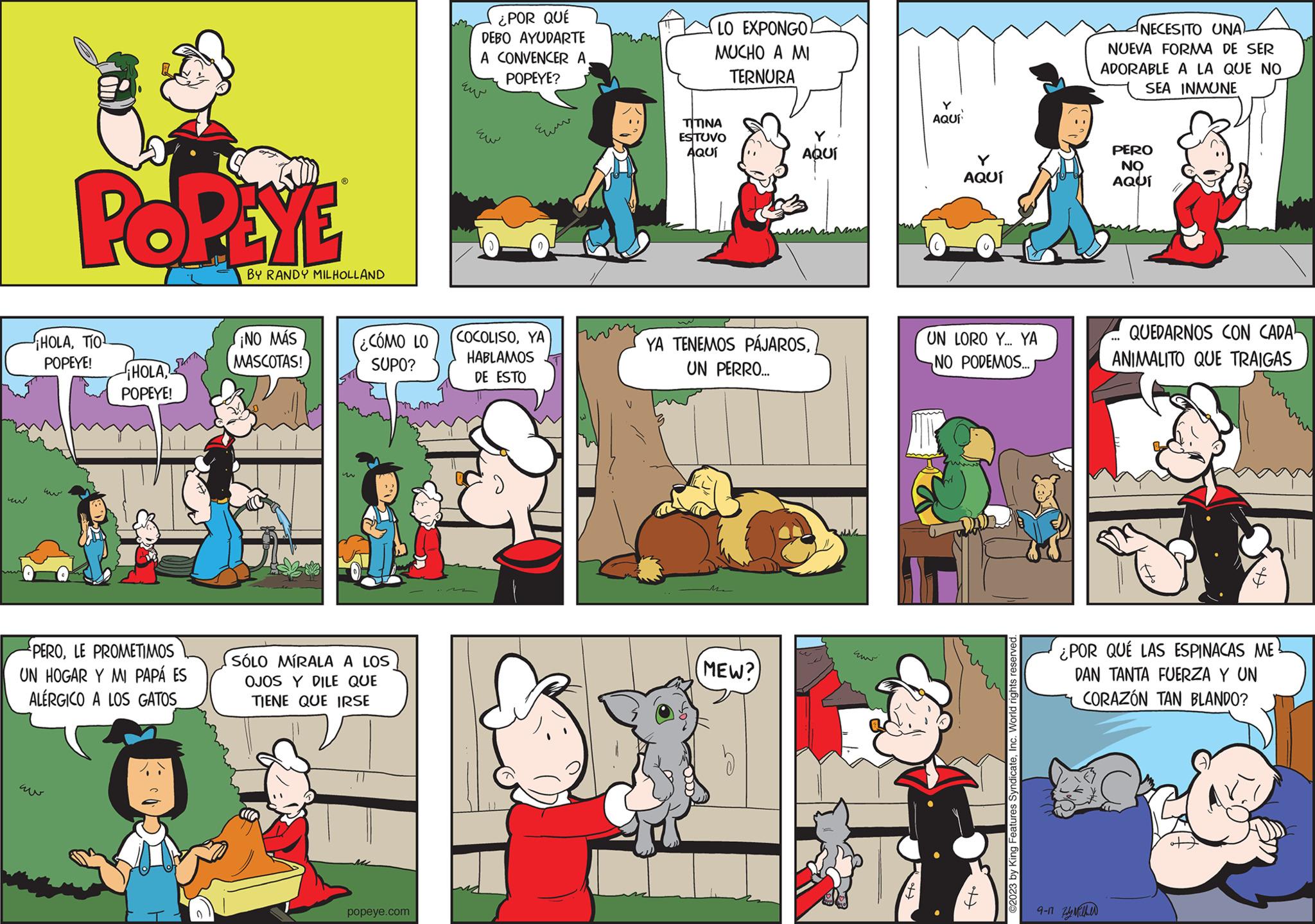 Parallel OCR: uw POPEYE HOLATIO POPEYE! uw ¡HOLAPOPEYE! PEROLE PROMETIMOS UN HOGAR Y MI PAPÁ ES ALÉRGICO A LOS GATOS 0 BY RANDY MILHOLLAND ¡NO MÁS MASCOTAS! ¿CÓMO LO SUPO? SÓLO MÍRALA A LOS OJOS Y DILE QUE TIENE QUE IRSE popeye.com ¿POR QUÉ DEBO AYUDARTE A CONVENCER A POPEYE? ??? ?? COCOLISOYA HABLAMOS DE ESTO LO EXPONGO MUCHO A MI TERNURA ?????? ESTUVO AQUÍ AQUÍ YA TENEMOS PÁJAROSUN PERRO... MEW? www Y AQUÍ Y AQUÍ UN LORO Y... YA NO PODEMOS... ©2023 by King Features SyndicateInc. World rights reserved. NECESITO UNA) NUEVA FORMA DE SER ADORABLE A LA QUE NO SEA INMUNE 9-17 Zy wither PERO NO AQUÍ QUEDARNOS CON CADAL ANIMALITO QUE TRAIGAS mwmw ¿POR QUÉ LAS ESPINACAS ME DAN TANTA FUERZA Y UN CORAZÓN TAN BLANDO? uw POPEYE HOLATIO POPEYE ! uw ¡ HOLAPOPEYE ! PEROLE PROMETIMOS UN HOGAR Y MI PAPÁ ES ALÉRGICO A LOS GATOS 0 BY RANDY MILHOLLAND ¡ NO MÁS MASCOTAS ! ¿ CÓMO LO SUPO ? SÓLO MÍRALA A LOS OJOS Y DILE QUE TIENE QUE IRSE popeye.com ¿ POR QUÉ DEBO AYUDARTE A CONVENCER A POPEYE ? ??? ?? COCOLISOYA HABLAMOS DE ESTO LO EXPONGO MUCHO A MI TERNURA ?????? ESTUVO AQUÍ AQUÍ YA TENEMOS PÁJAROSUN PERRO ... MEW ? www Y AQUÍ Y AQUÍ UN LORO Y ... YA NO PODEMOS ... © 2023 by King Features SyndicateInc. World rights reserved . NECESITO UNA ) NUEVA FORMA DE SER ADORABLE A LA QUE NO SEA INMUNE 9-17 Zy wither PERO NO AQUÍ QUEDARNOS CON CADAL ANIMALITO QUE TRAIGAS mwmw ¿ POR QUÉ LAS ESPINACAS ME DAN TANTA FUERZA Y UN CORAZÓN TAN BLANDO ?