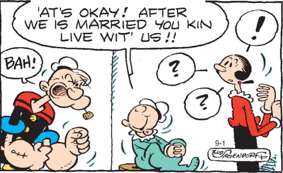 Organism OCR: 'AT'S OKAY! AFTER WE IS MARRIED YOU KIN LIVE WIT' US!! ? BAH! autent m ? 9-1 BUD/AGENDORFF ' AT'S OKAY ! AFTER WE IS MARRIED YOU KIN LIVE WIT ' US !! ? BAH ! autent m ? 9-1 BUD / AGENDORFF