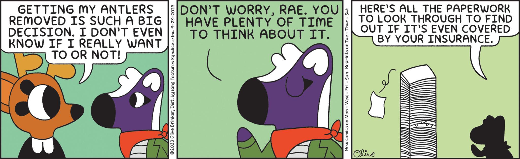 Fictional character OCR: GETTING MY ANTLERS REMOVED IS SUCH A BIG DECISION. I DON'T EVEN KNOW IF I REALLY WANT TO OR NOT! © 2023 Olive BrinkerDist. by King Features Syndicate Inc. 9-28-2023 DON'T WORRYRAE. YOU HAVE PLENTY OF TIME TO THINK ABOUT IT. New comics on Mon - Wed-Fri - Sun Reprints on Tue - Thur - Sat HERE'S ALL THE PAPERWORK TO LOOK THROUGH TO FIND OUT IF IT'S EVEN COVERED BY YOUR INSURANCE. Olive was GETTING MY ANTLERS REMOVED IS SUCH A BIG DECISION . I DON'T EVEN KNOW IF I REALLY WANT TO OR NOT ! © 2023 Olive BrinkerDist . by King Features Syndicate Inc. 9-28-2023 DON'T WORRYRAE . YOU HAVE PLENTY OF TIME TO THINK ABOUT IT . New comics on Mon - Wed - Fri - Sun Reprints on Tue - Thur - Sat HERE'S ALL THE PAPERWORK TO LOOK THROUGH TO FIND OUT IF IT'S EVEN COVERED BY YOUR INSURANCE . Olive was