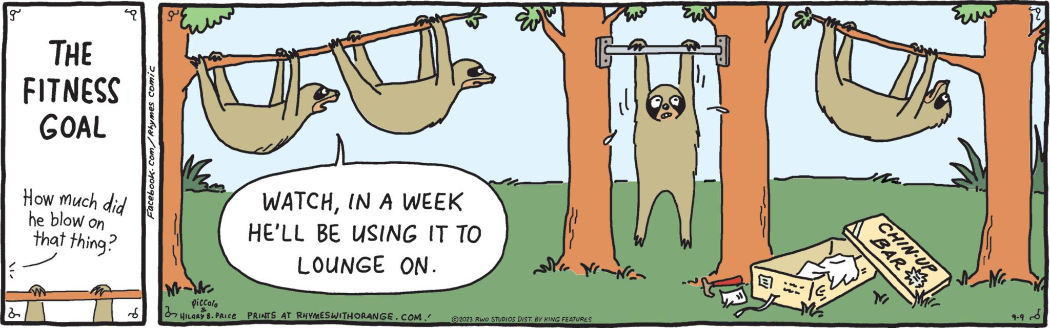 Rectangle OCR: g I 2 THE FITNESS GOAL How much did he blow on that thing? Facebook.com/Rhymes comic 94 M. 32 piccolo HILARY 8. PRICe WATCHIN A WEEK HE'LL BE USING IT TO LOUNGE ON. PRINTS AT RHYMES WITH ORANGE.COM. stre Nanc 2023 RWO STUDIOS DIST. BY KING FEATURES Eu M2 CHIN-UP BAR -NG 9-9 S g I 2 THE FITNESS GOAL How much did he blow on that thing ? Facebook.com/Rhymes comic 94 M. 32 piccolo HILARY 8. PRICe WATCHIN A WEEK HE'LL BE USING IT TO LOUNGE ON . PRINTS AT RHYMES WITH ORANGE.COM . stre Nanc 2023 RWO STUDIOS DIST . BY KING FEATURES Eu M2 CHIN - UP BAR -NG 9-9 S
