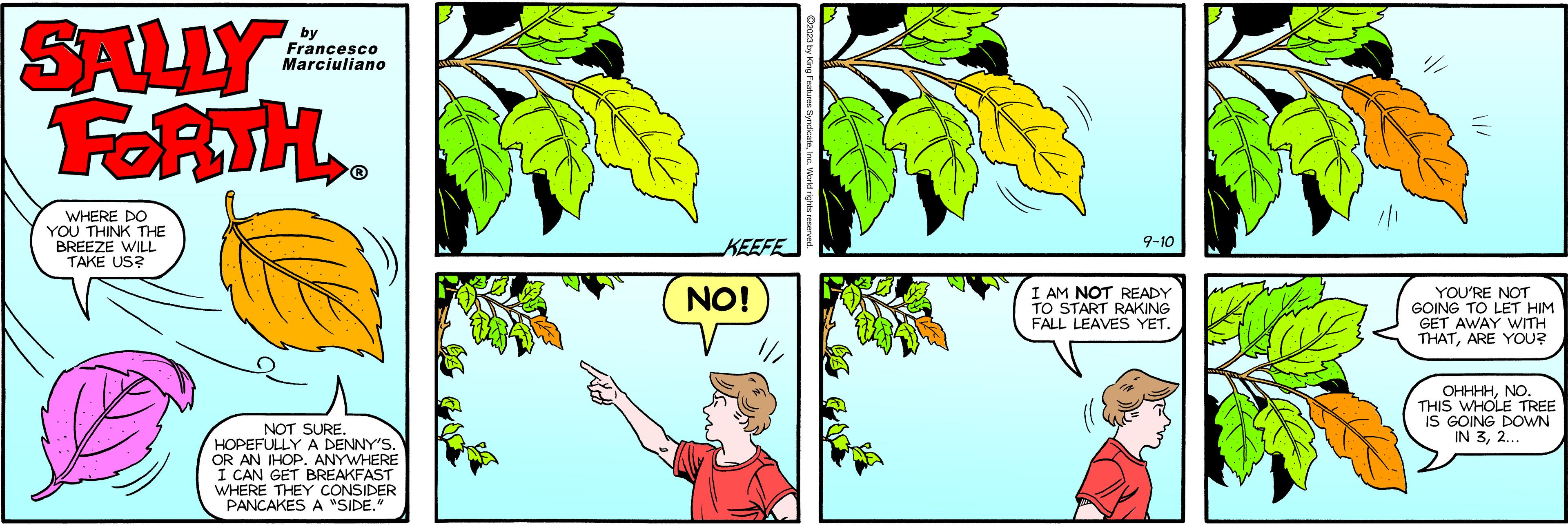 Yellow OCR: SALLY FORTH. WHERE DO YOU THINK THE BREEZE WILL TAKE US? 6.A by Francesco Marciuliano NOT SURE. HOPEFULLY A DENNY'S. OR AN IHOP. ANYWHERE I CAN GET BREAKFAST WHERE THEY CONSIDER PANCAKES A "SIDE." with KEEFE NO! 9-10 I AM NOT READY TO START RAKING FALL LEAVES YET. YOU'RE NOT GOING TO LET HIM GET AWAY WITH THATARE YOU? OHHHHNO. THIS WHOLE TREE IS GOING DOWN IN 32... SALLY FORTH . WHERE DO YOU THINK THE BREEZE WILL TAKE US ? 6.A by Francesco Marciuliano NOT SURE . HOPEFULLY A DENNY'S . OR AN IHOP . ANYWHERE I CAN GET BREAKFAST WHERE THEY CONSIDER PANCAKES A " SIDE . " with KEEFE NO ! 9-10 I AM NOT READY TO START RAKING FALL LEAVES YET . YOU'RE NOT GOING TO LET HIM GET AWAY WITH THATARE YOU ? OHHHHNO . THIS WHOLE TREE IS GOING DOWN IN 32 ...