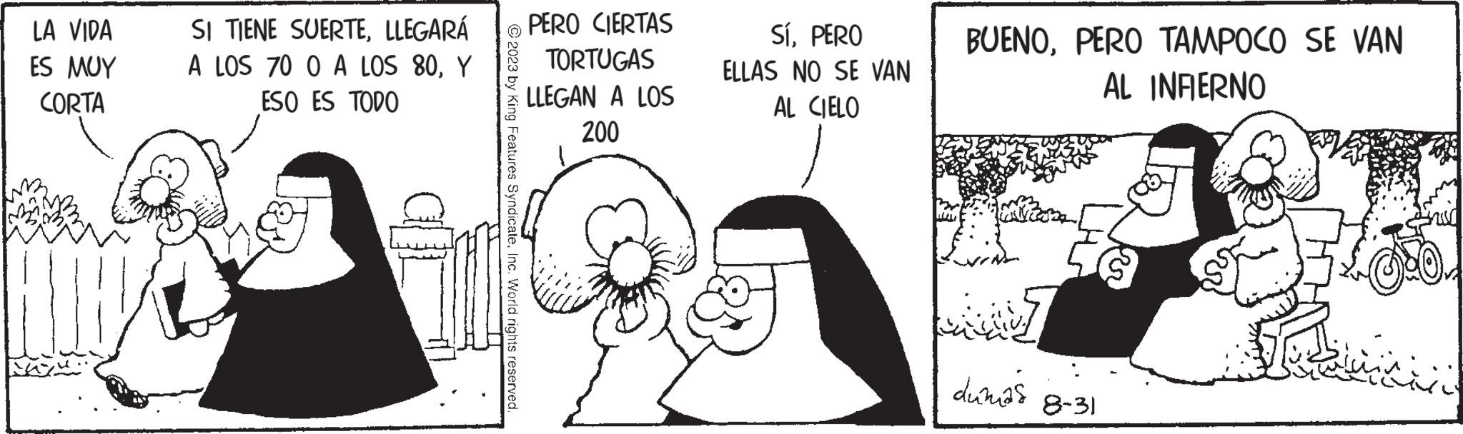 Line OCR: LA VIDA ES MUY CORTA SI TIENE SUERTELLEGARÁ A LOS 70 0 A LOS 80Y ESO ES TODO © 2023 by King Features SyndicateInc. World rights reserved. PERO CIERTAS TORTUGAS LLEGAN A LOS 200 SíPERO ELLAS NO SE VAN AL CIELO BUENOPERO TAMPOCO SE VAN AL INFERNO Uca dumas 8-31 LA VIDA ES MUY CORTA SI TIENE SUERTELLEGARÁ A LOS 70 0 A LOS 80Y ESO ES TODO © 2023 by King Features SyndicateInc. World rights reserved . PERO CIERTAS TORTUGAS LLEGAN A LOS 200 SíPERO ELLAS NO SE VAN AL CIELO BUENOPERO TAMPOCO SE VAN AL INFERNO Uca dumas 8-31