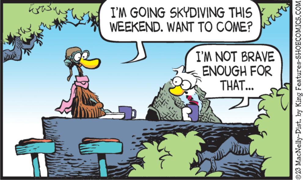 Comic book OCR: ????? ???? ?? I'M GOING SKYDIVING THIS WEEKEND. WANT TO COME? 5 www I'M NOT BRAVE ENOUGH FOR THAT... ?23 MacNelly-Dist. by King Features-SHOECOMICS.COM ????? ???? ?? I'M GOING SKYDIVING THIS WEEKEND . WANT TO COME ? 5 www I'M NOT BRAVE ENOUGH FOR THAT ... ?23 MacNelly - Dist . by King Features-SHOECOMICS.COM