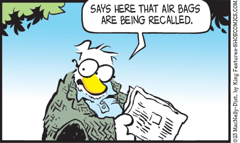 Fiction OCR: SAYS HERE THAT AIR BAGS ARE BEING RECALLED. 50 ©23 MacNelly-Dist. by King Features-SHOECOMICS.COM SAYS HERE THAT AIR BAGS ARE BEING RECALLED . 50 © 23 MacNelly - Dist . by King Features-SHOECOMICS.COM