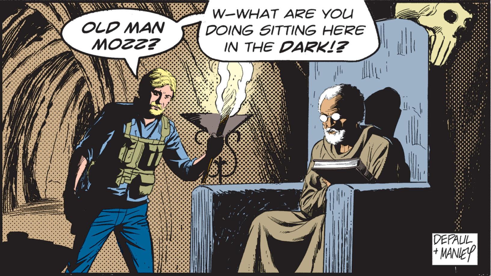 Conversation OCR: www P A Pint R. www. AX OLD MAN MOZZ? W-WHAT ARE YOU DOING SITTING HERE IN THE DARK!? alle WAK JUL DEPALIL MANLEY www P A Pint R. www . AX OLD MAN MOZZ ? W - WHAT ARE YOU DOING SITTING HERE IN THE DARK !? alle WAK JUL DEPALIL MANLEY