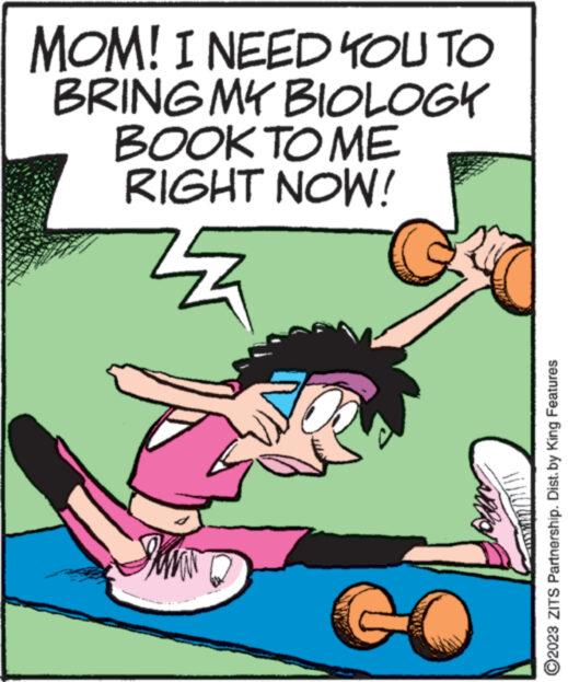Graphics OCR: MOM! I NEED YOU TO BRING MY BIOLOGY BOOK TO ME RIGHT NOW! Kaina GO DUN ?2023 ZITS Partnership. Dist. by King Features MOM ! I NEED YOU TO BRING MY BIOLOGY BOOK TO ME RIGHT NOW ! Kaina GO DUN ?2023 ZITS Partnership . Dist . by King Features