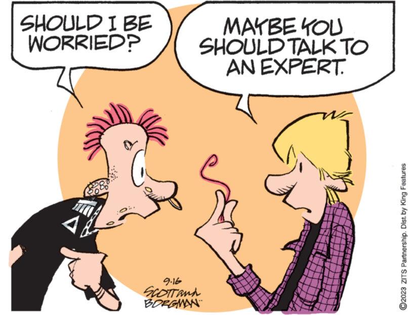 Organism OCR: SHOULD I BE WORRIED? M A MAYBE YOU SHOULD TALK TO AN EXPERT. 9.16 SCOTTANA BORGMAN ?2023 ZITS Partnership. Dist. by King Features SHOULD I BE WORRIED ? M A MAYBE YOU SHOULD TALK TO AN EXPERT . 9.16 SCOTTANA BORGMAN ?2023 ZITS Partnership . Dist . by King Features