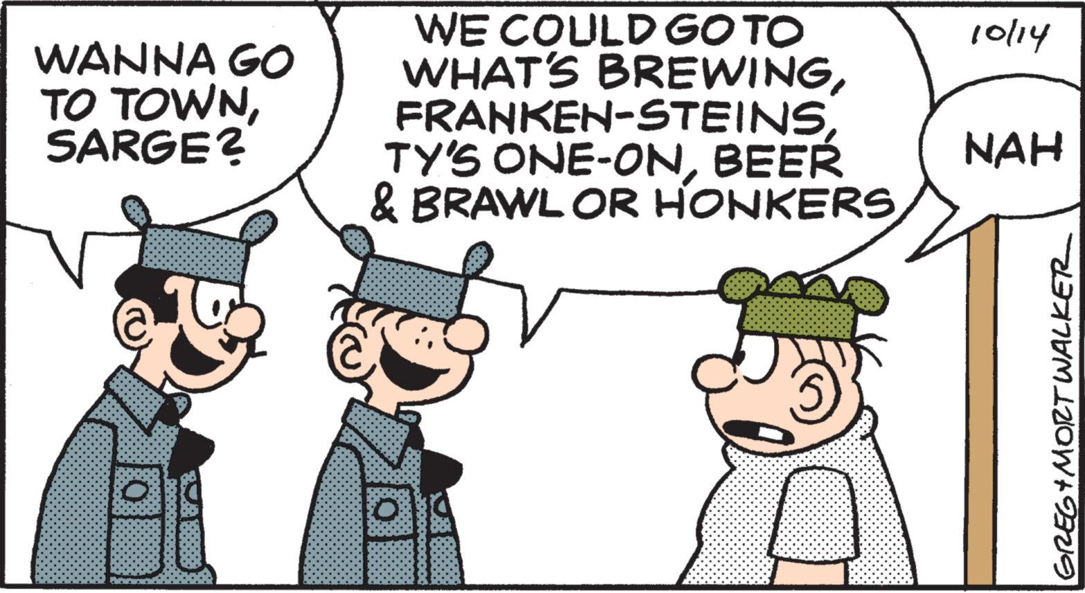 Event OCR: WANNA GO TO TOWNSARGE? WE COULD GO TO WHAT'S BREWINGFRANKEN-STEINS TY'S ONE-ONBEER & BRAWL OR HONKERS da 10/14 NAH GREG+MORT WALKER WANNA GO TO TOWNSARGE ? WE COULD GO TO WHAT'S BREWINGFRANKEN - STEINS TY'S ONE - ONBEER & BRAWL OR HONKERS da 10/14 NAH GREG + MORT WALKER