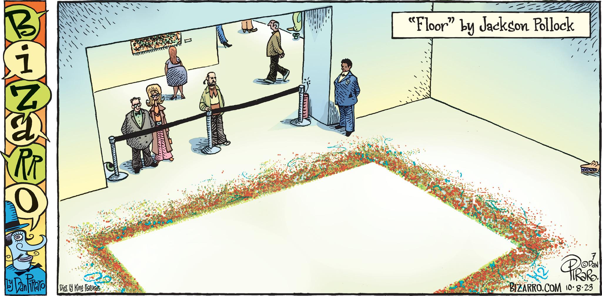 Urban design OCR: B Z a RR O by DaniRaro Dist. y King Features "Floor" by Jackson Pollock TIRORO. BIZARRO.COM 10.8.23 B Z a RR O by DaniRaro Dist . y King Features " Floor " by Jackson Pollock TIRORO . BIZARRO.COM 10.8.23