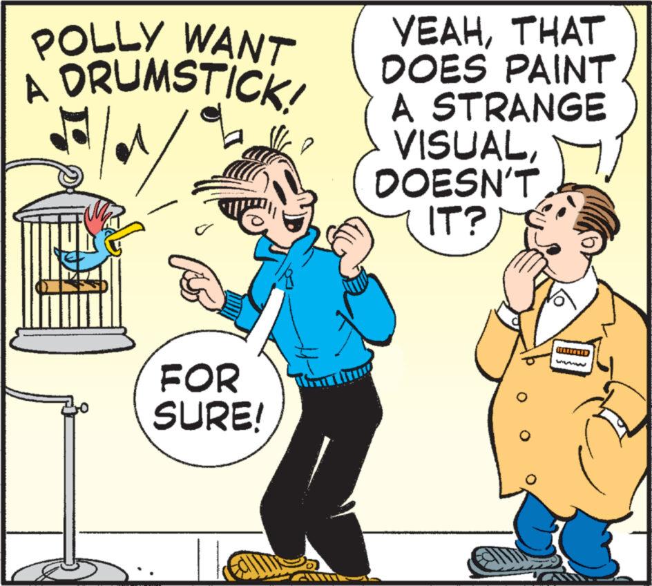 Social group OCR: POLLY WANT DRUMSTICK! P FOR SURE! YEAHTHAT DOES PAINT A STRANGE VISUALDOESN'T IT? POLLY WANT DRUMSTICK ! P FOR SURE ! YEAHTHAT DOES PAINT A STRANGE VISUALDOESN'T IT ?