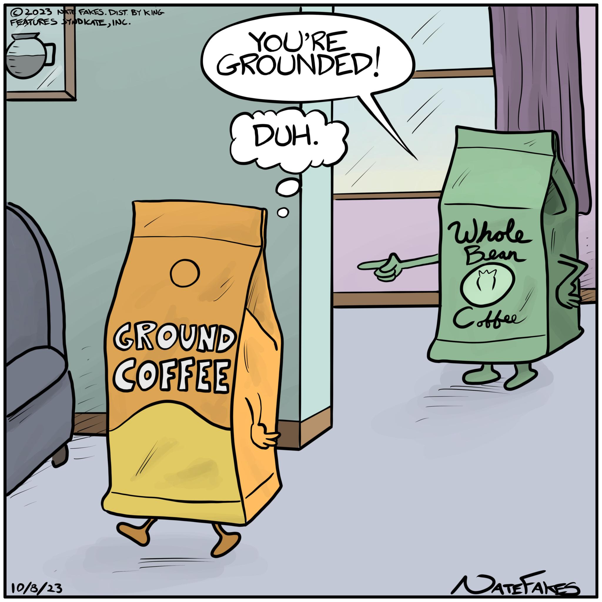 Drawing OCR: 2023 NATE FAKES. DIST. BY KING FEATURES SYNDICATEINC. 10/8/23 YOU'RE GROUNDED! O GROUND COFFEE DUH. Whole Bean ?? Coffee NATE FAKES 2023 NATE FAKES . DIST . BY KING FEATURES SYNDICATEINC . 10/8/23 YOU'RE GROUNDED ! O GROUND COFFEE DUH . Whole Bean ?? Coffee NATE FAKES